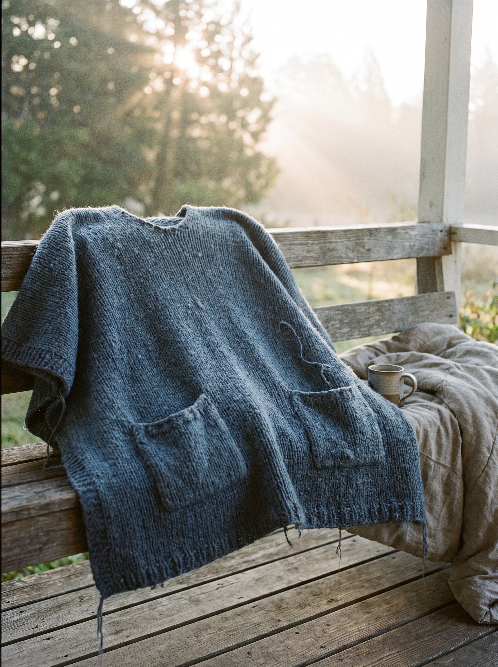 An oversized cozy campfire poncho in slate blue wool with two deep front patch pockets on a wooden porch bench