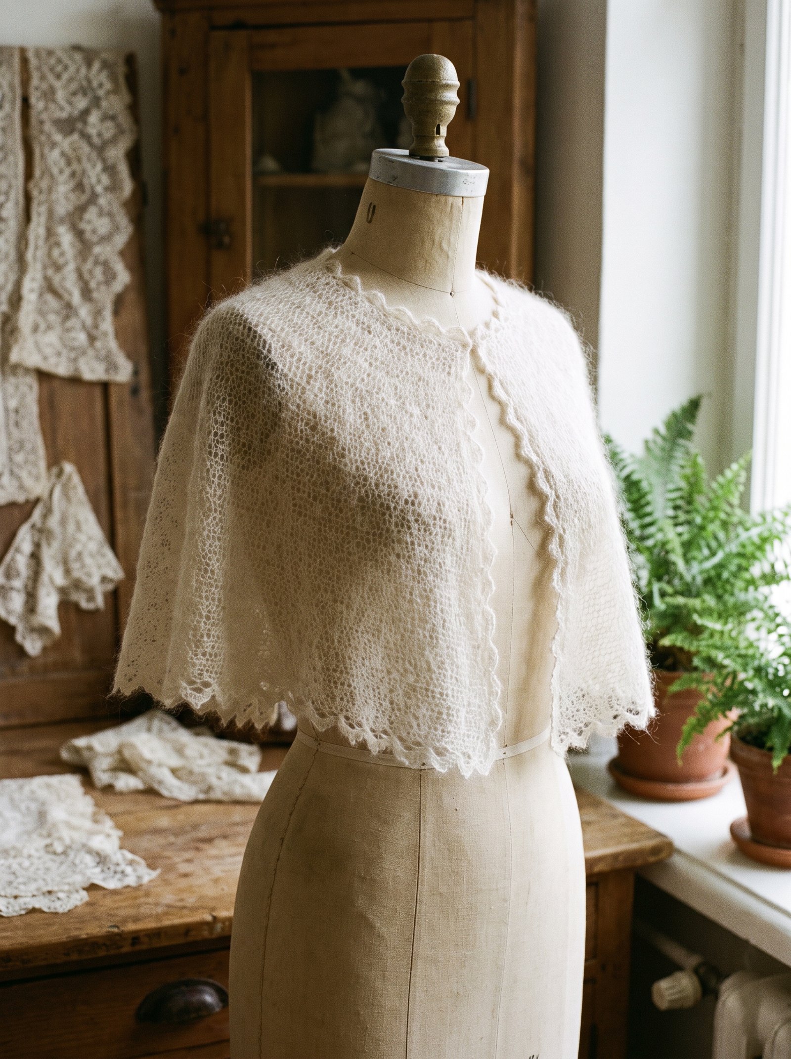 A delicate bridal craft photograph of a fine ivory silk-mohair crochet capelet with scalloped picot edges, draped gently over the shoulders of a silk dress mannequin