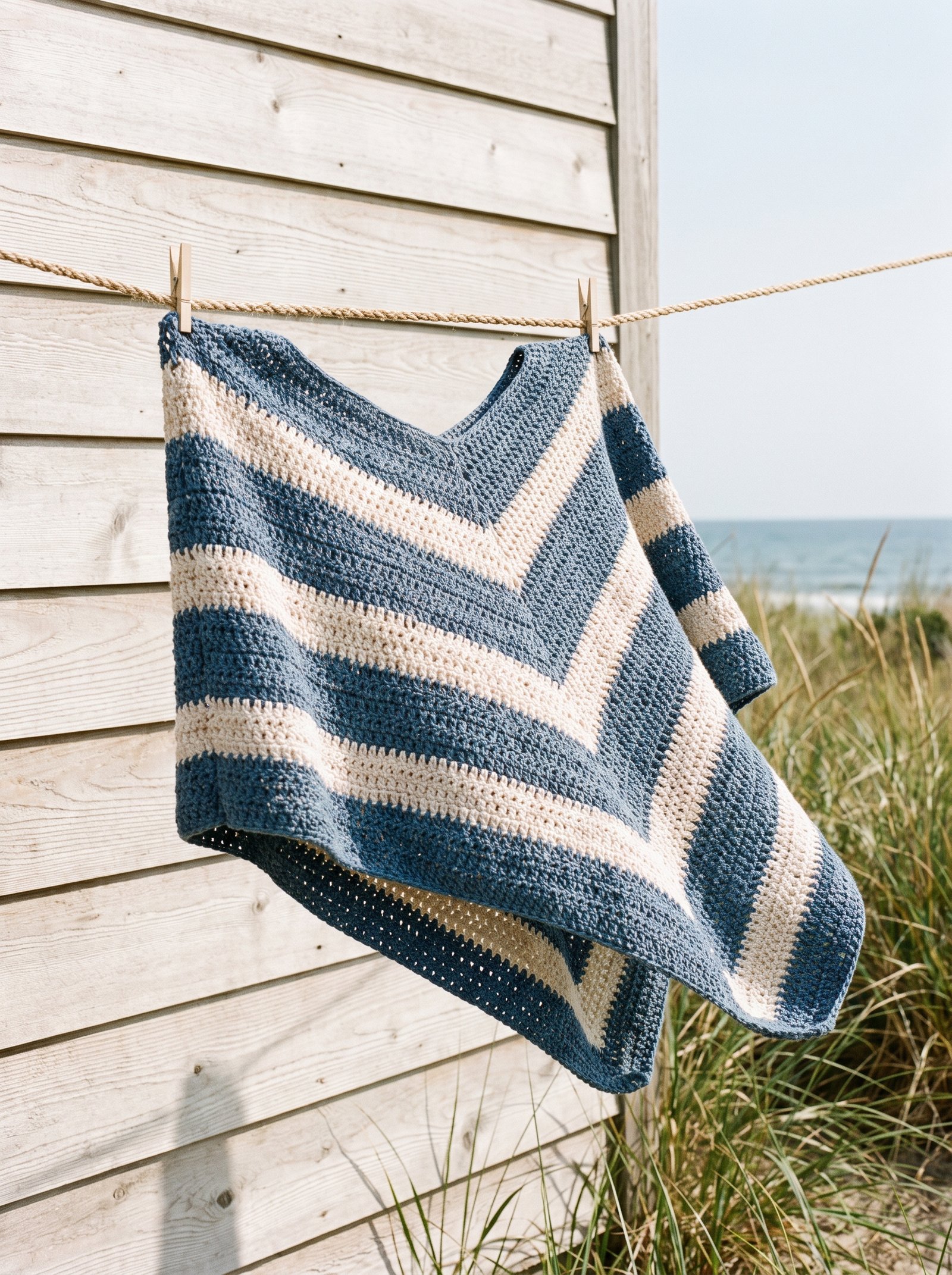 A breezy editorial craft photograph of a coastal-inspired striped crochet poncho in washed denim blue and natural cream half-double crochet stitches