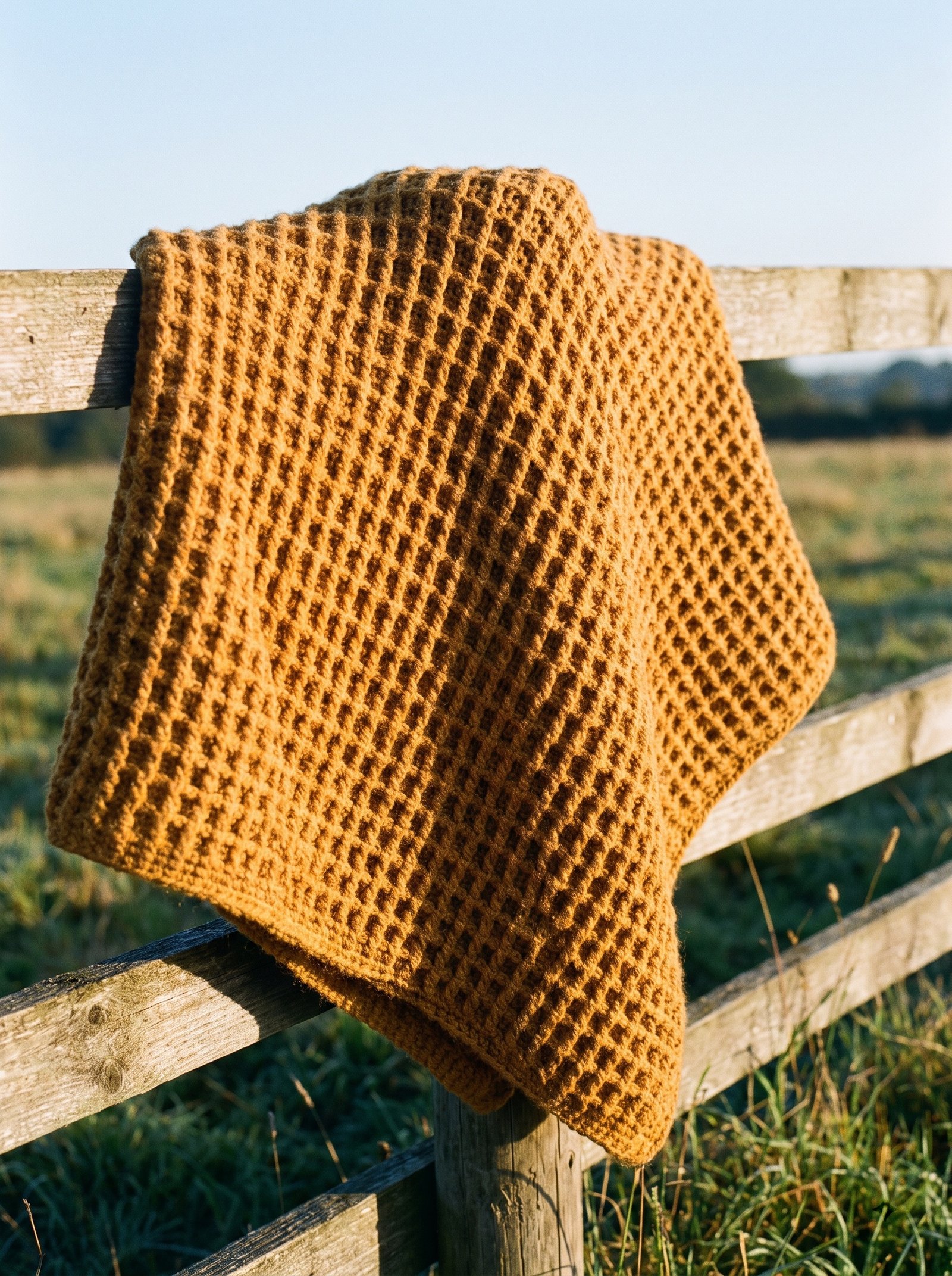 A squishy waffle-stitch poncho in warm ochre yellow wool, catching the low golden rays of early morning sunlight
