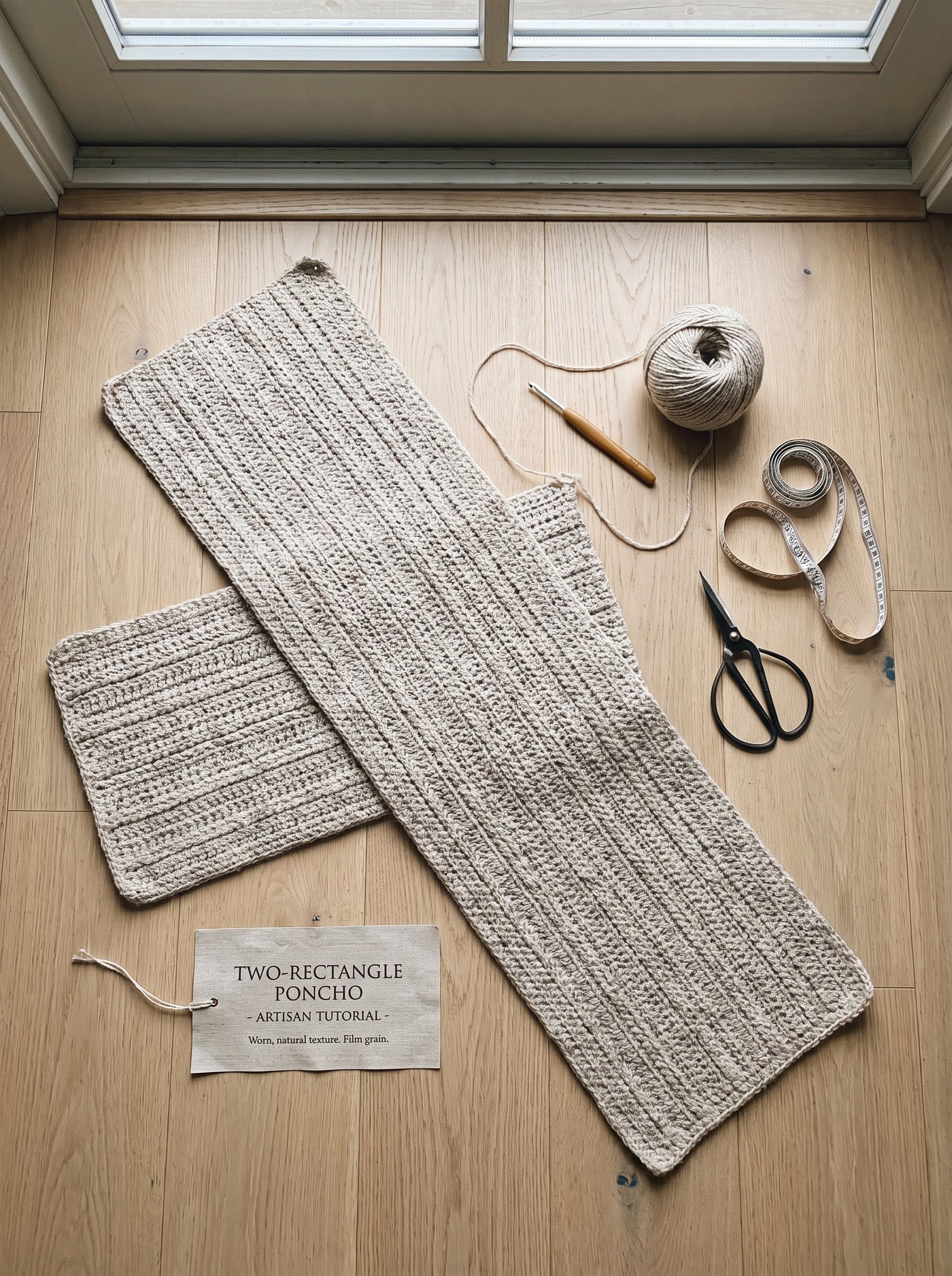 A flat lay craft photograph showing the two-rectangle crochet poncho construction, with two long textured oatmeal wool rectangles sewn perpendicularly on a light oak floor