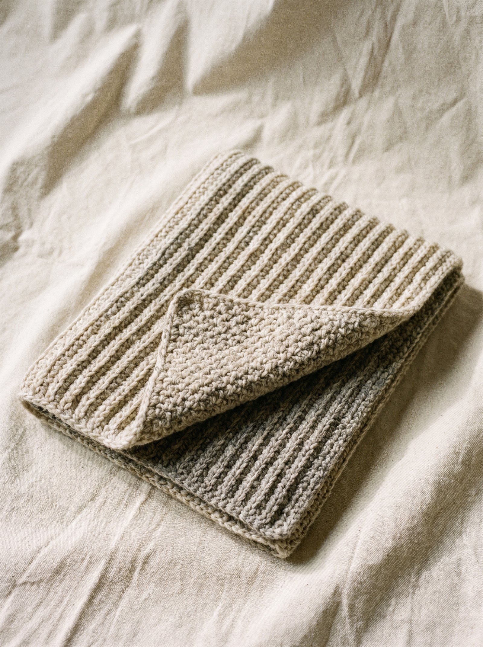 A clean still life of a reversible textured crochet poncho wrap showing moss stitch on one folded corner and raised ridges on the reverse