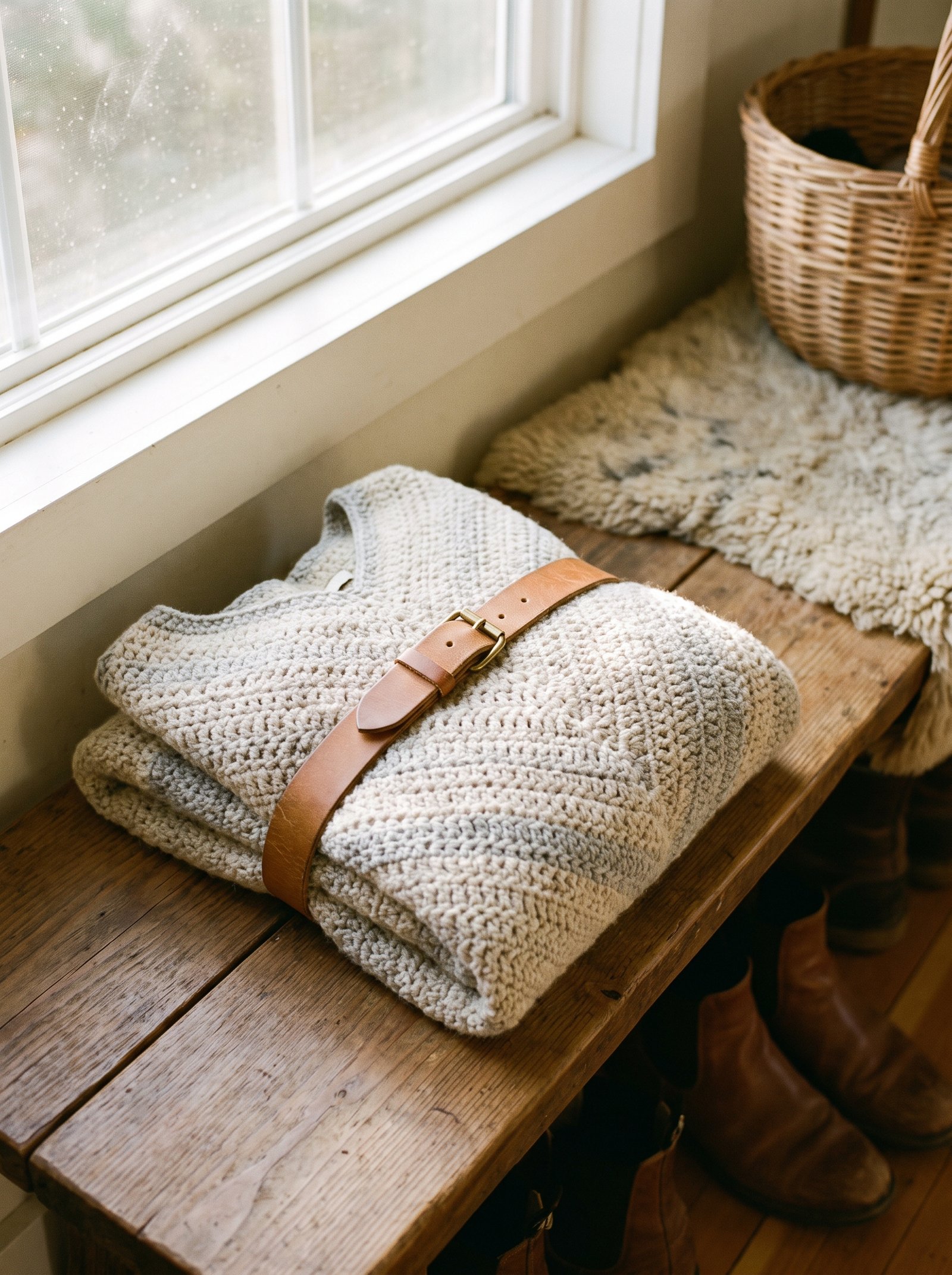 A neatly folded neutral wool crochet poncho bound with a simple tan leather buckle strap on an entryway bench