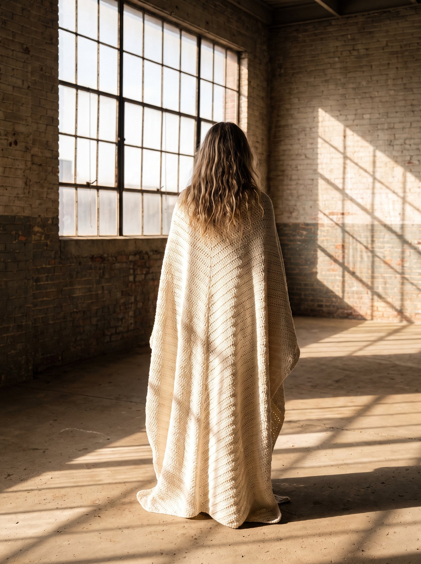 A model wearing a sweeping floor-length ivory crochet poncho with subtle chevron ripples, standing before a large sunlit industrial window