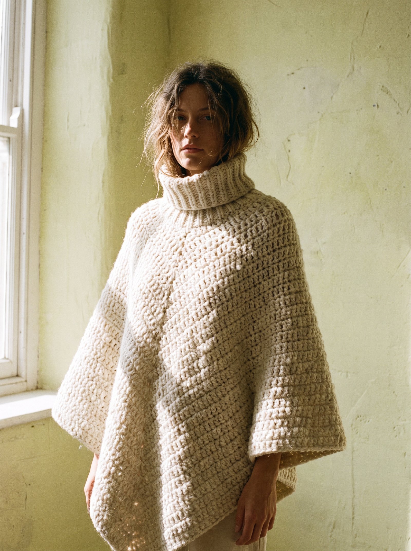A chunky ribbed turtleneck crochet poncho in off-white wool with a high folded collar, worn against a neutral lime-washed wall