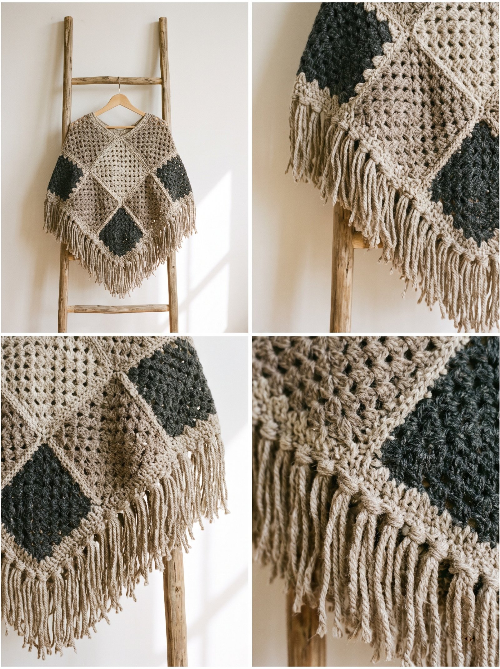 A bohemian craft photograph of a poncho crafted from tonal neutral granny squares in shades of linen, taupe, and charcoal, finished with knotted fringe along the hem, hanging on a raw wooden ladder