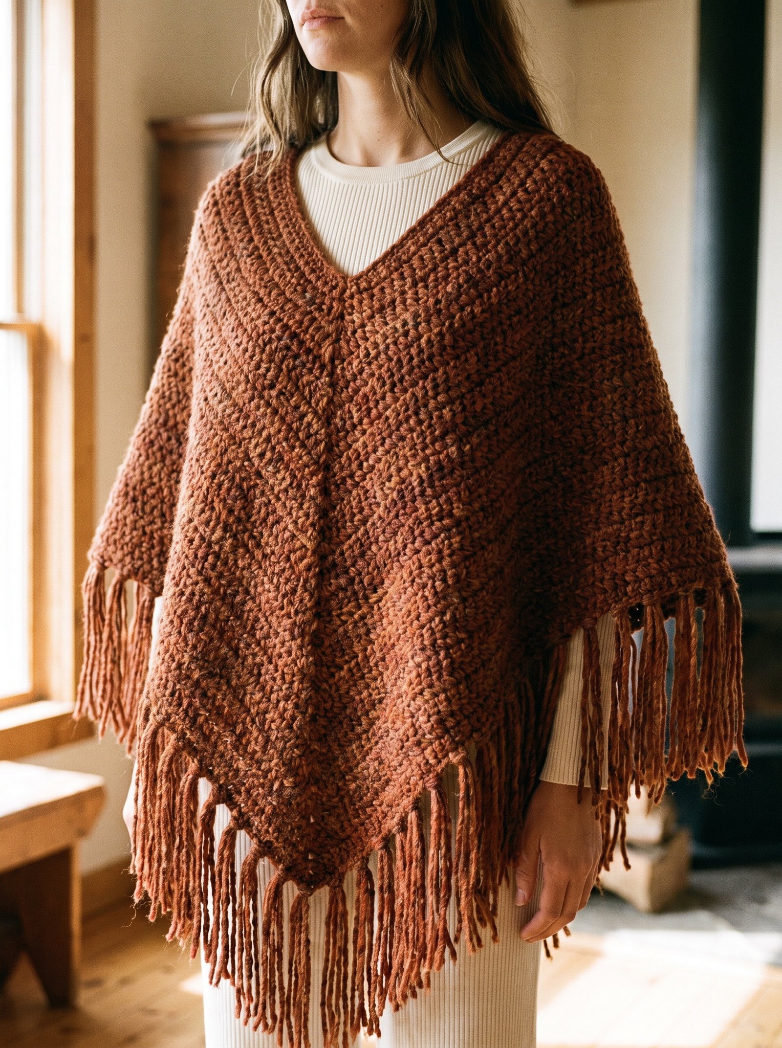 A V-neck crochet poncho in warm cinnamon and terracotta wool featuring long swingy tassel fringe along the diagonal edges, styled over a simple cream knit top