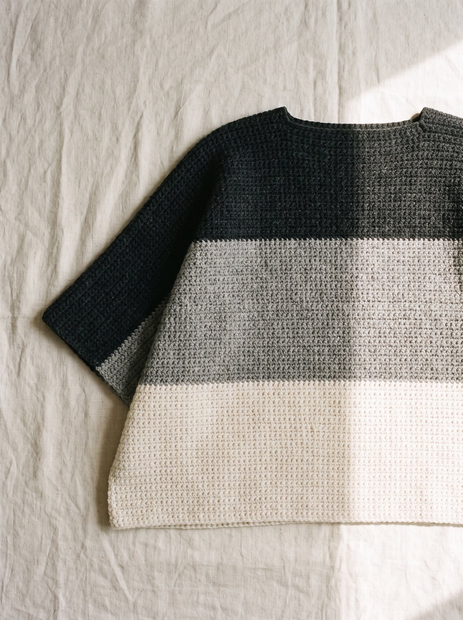 A modern minimalist photograph of a color-blocked crochet poncho with three bold horizontal bands of charcoal, heather grey, and ivory, laid flat on an unbleached linen sheet