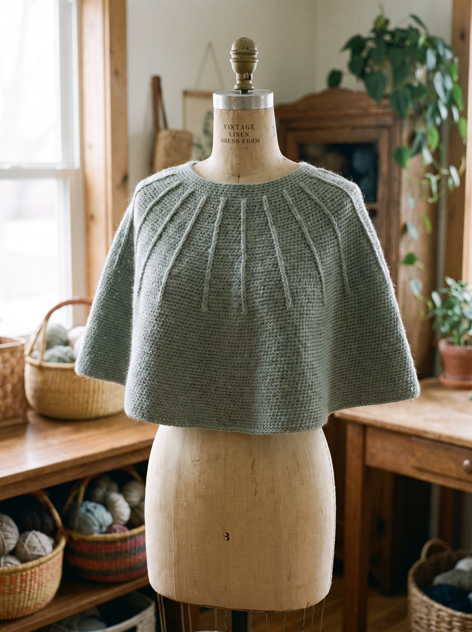 A seamless round-yoke crochet capelet poncho in dusty sage merino wool with subtle textured ridge increases around the shoulders, displayed on a dress form