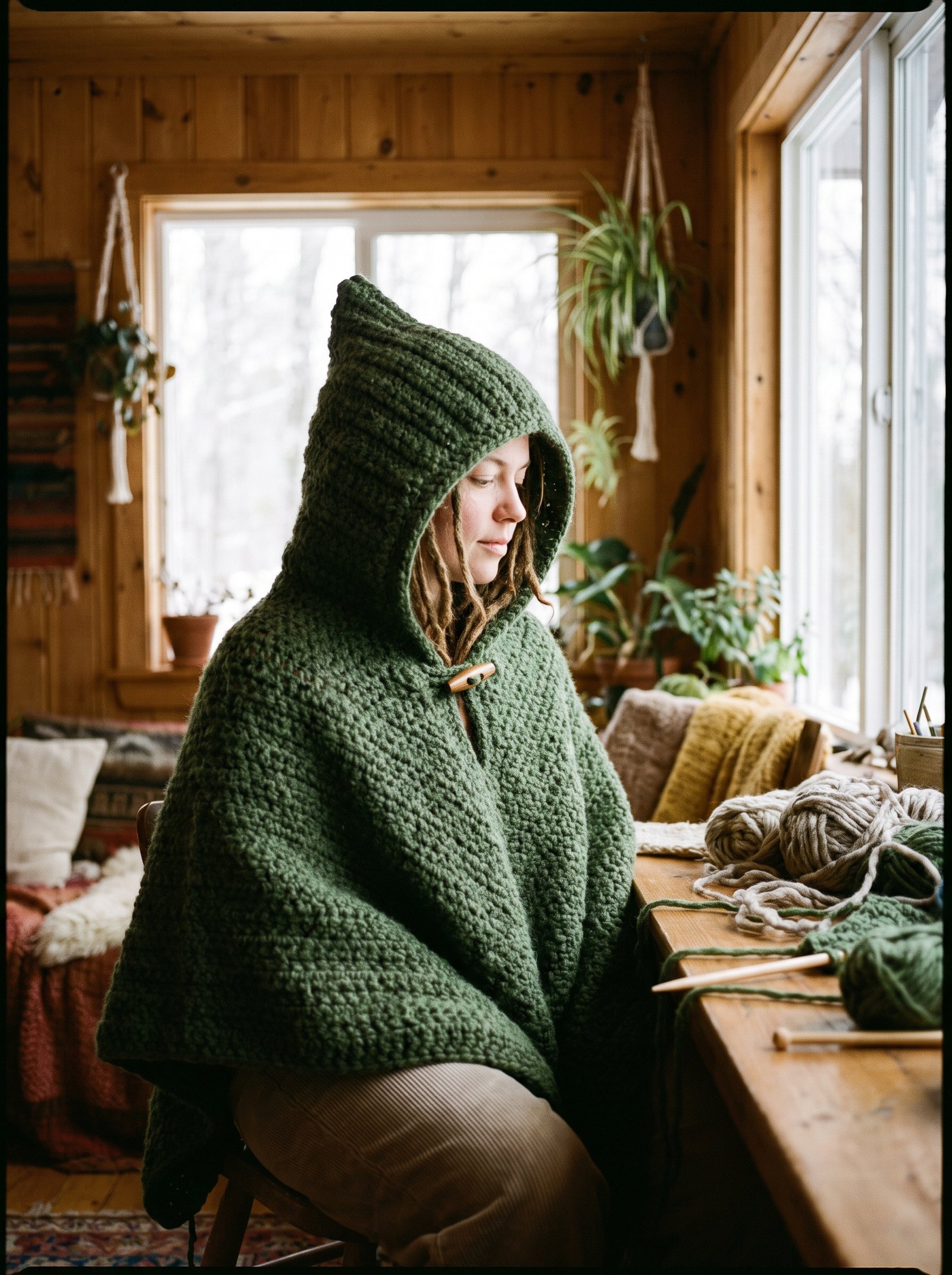 A heavy-gauge forest green wool hooded crochet poncho with a pointed hood and a natural olivewood toggle button closure at the neck