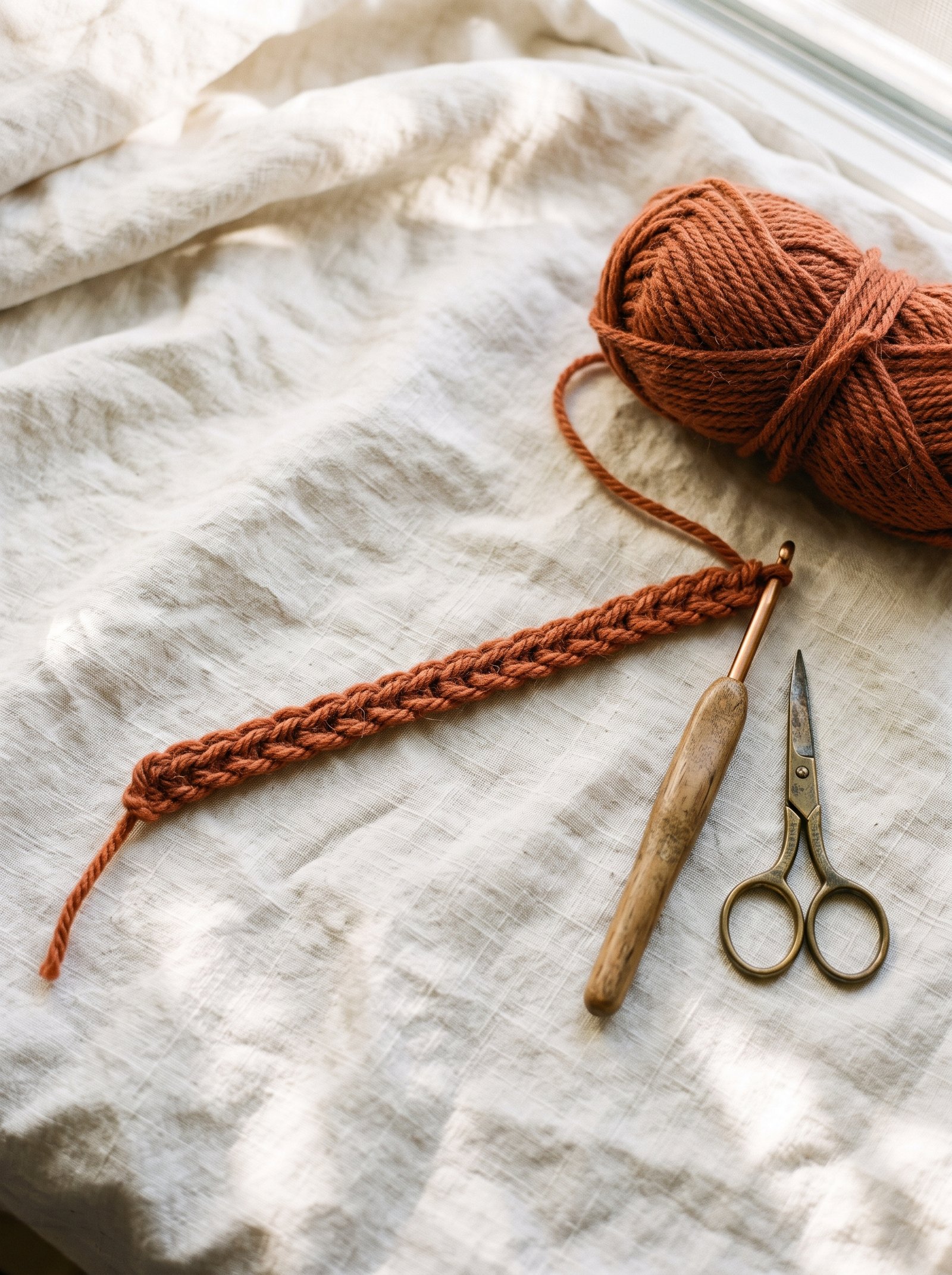 Warm burnt terracotta wool foundation chain of 22 stitches resting flat on ivory linen with wooden crochet hook and brass scissors