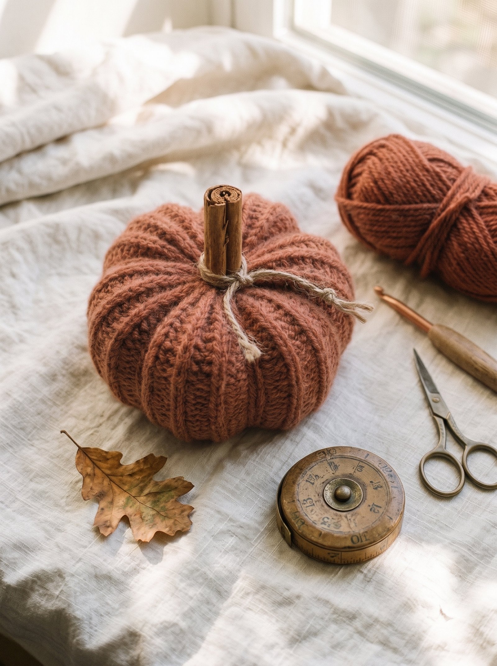 Completed rustic terracotta crochet pumpkin styled on wrinkled natural linen runner beside autumn oak leaf and vintage brass tape
