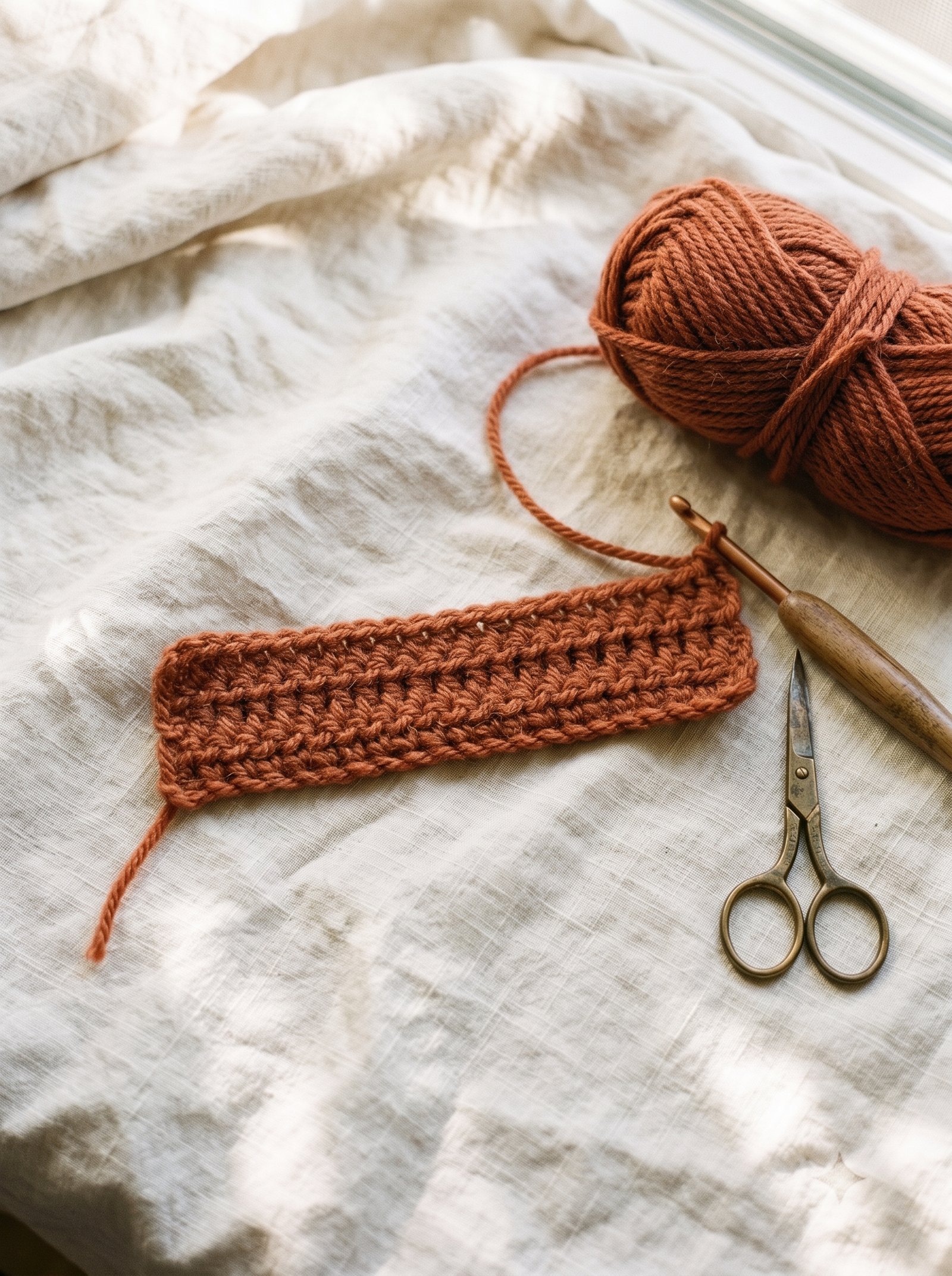 First four rows of ribbed crochet stitches growing from the foundation chain in burnt terracotta wool on off-white linen cloth