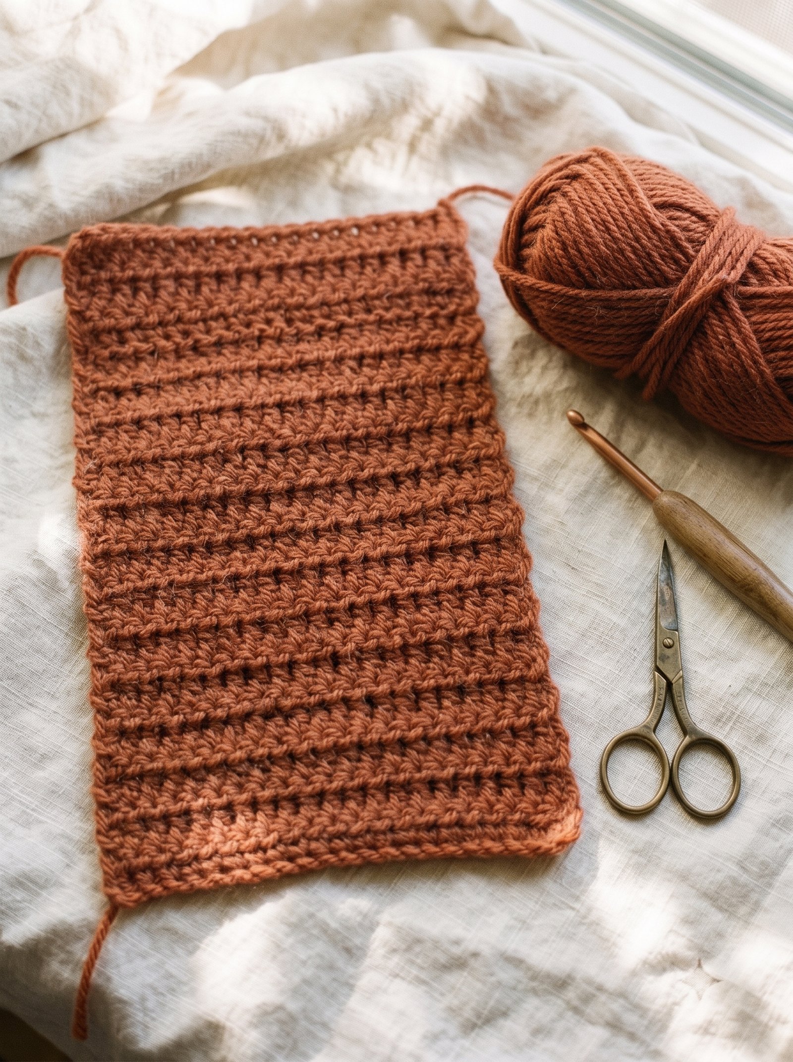 Completed flat rectangular crochet piece of 22 ribbed rows laid out flat on textured linen beside wooden hook and vintage scissors