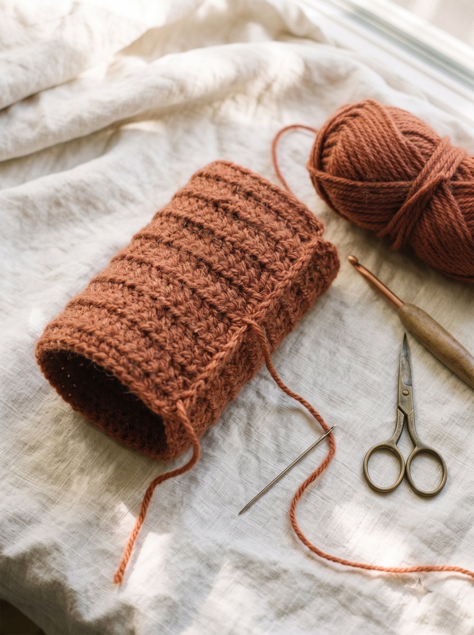 Folded terracotta crochet rectangle seamed into an open cylinder using a blunt metal tapestry needle on wrinkled linen cloth