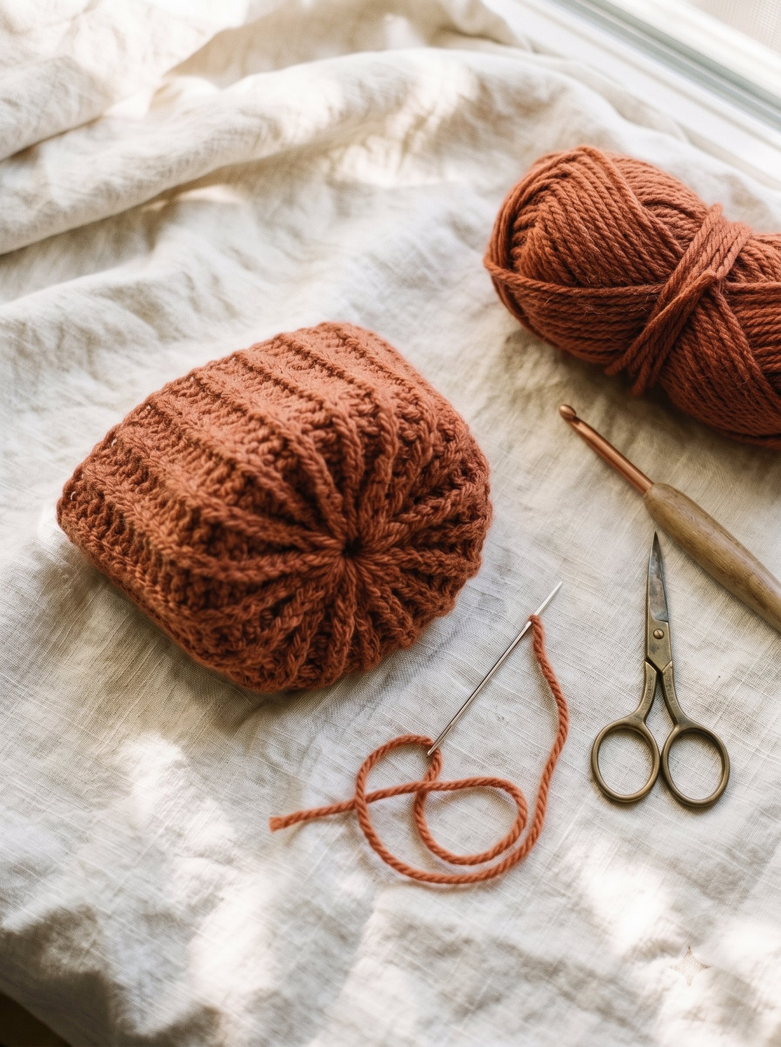 Bottom opening of the terracotta crochet tube gathered and cinched tightly into a star-shaped knot on natural linen cloth