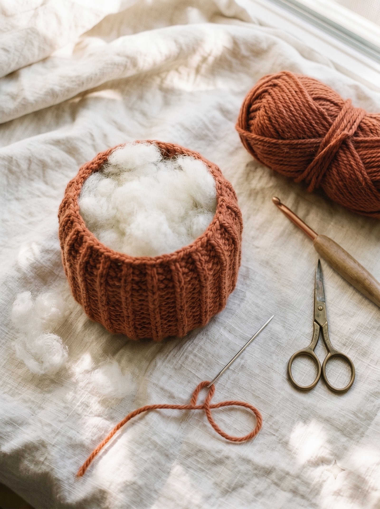 Upright crochet pumpkin body standing on linen filled with fluffy cloud-like white polyester stuffing beside vintage scissors