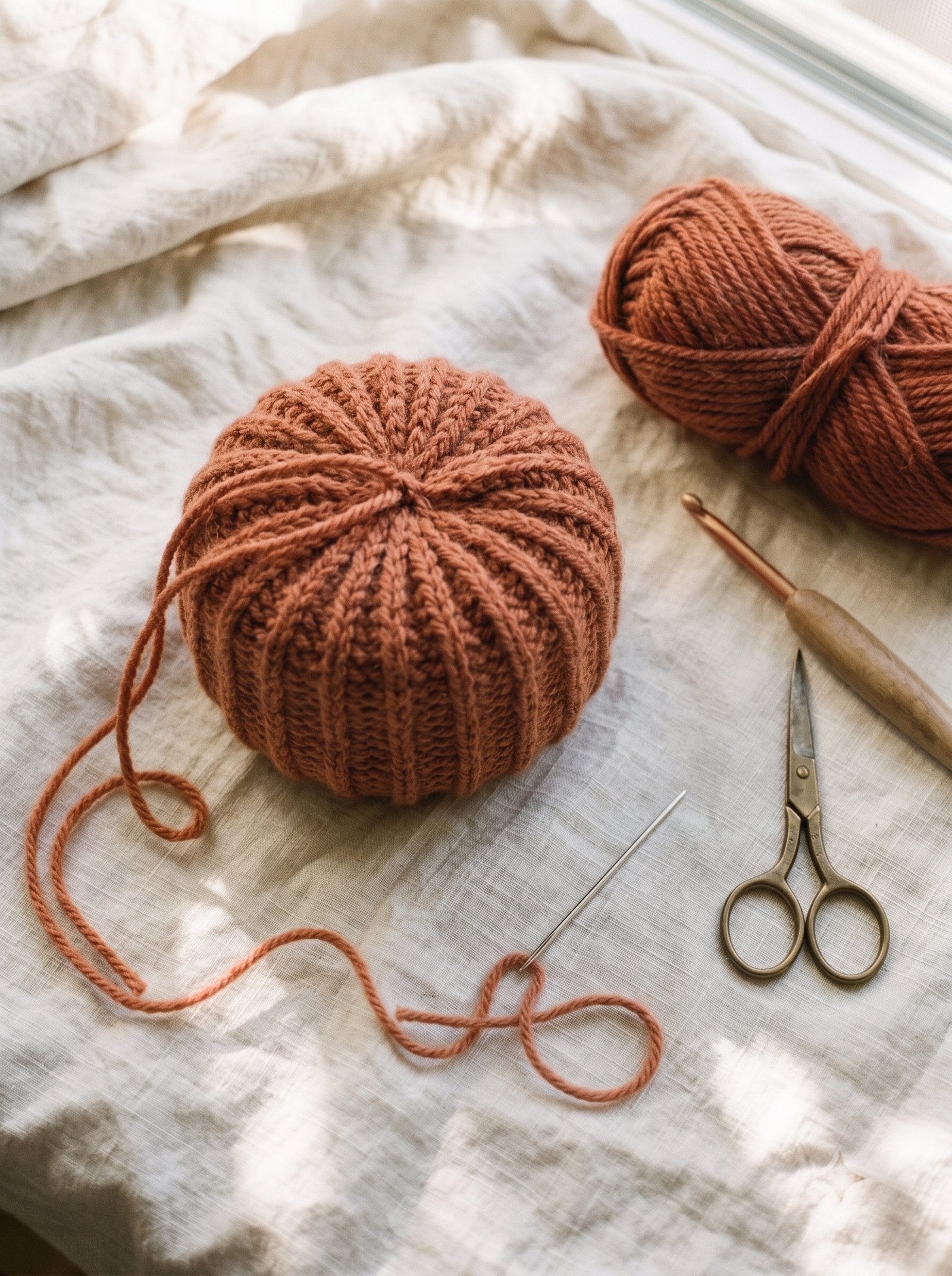 Stuffed terracotta crochet pumpkin cinched closed at the top with long yarn tail threaded on tapestry needle on linen fabric