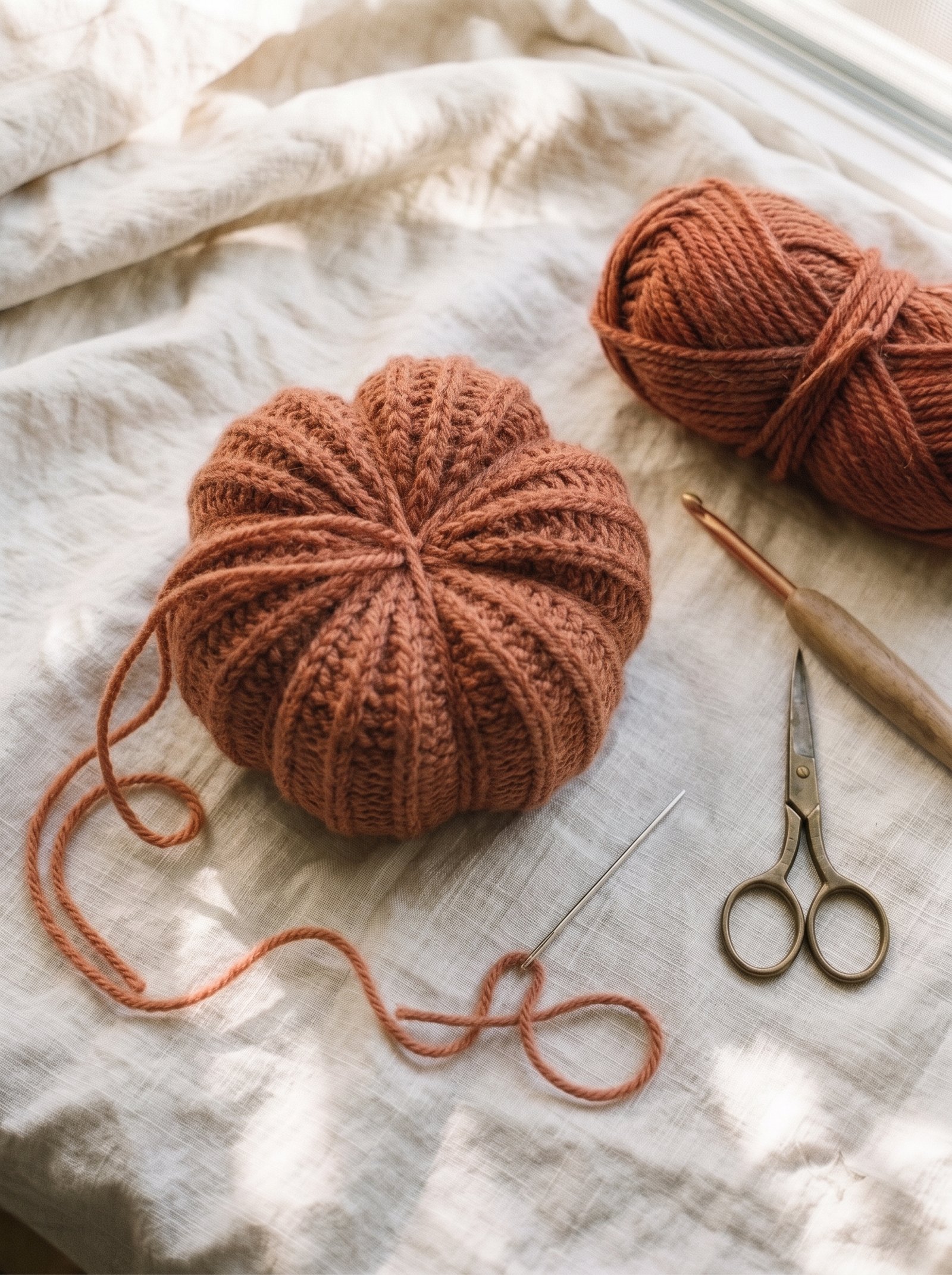 Terracotta crochet pumpkin segmented into six distinct plump lobes by wrapping yarn vertically around the outside sphere