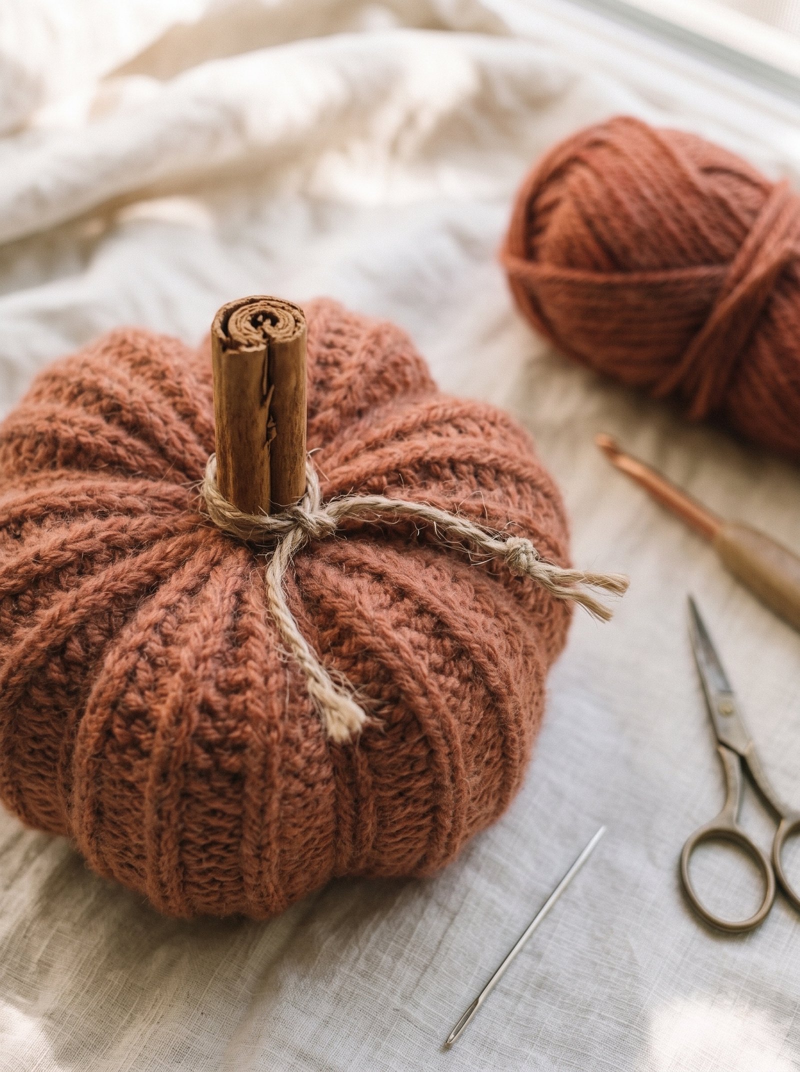 Close-up macro of natural fragrant cinnamon stick stem tied with rustic jute twine inserted into top center hollow of pumpkin