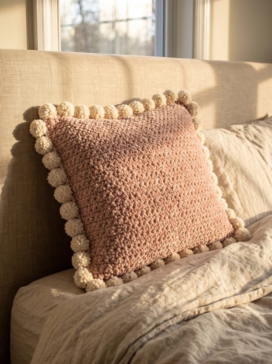 Dusty rose chenille crochet pillow with a cream pom-pom border on a linen-covered bed in warm evening light