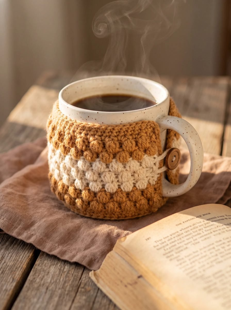 Mustard and cream bobble stitch crochet mug cozy fastened with a wooden button around a speckled mug of coffee on a rustic table