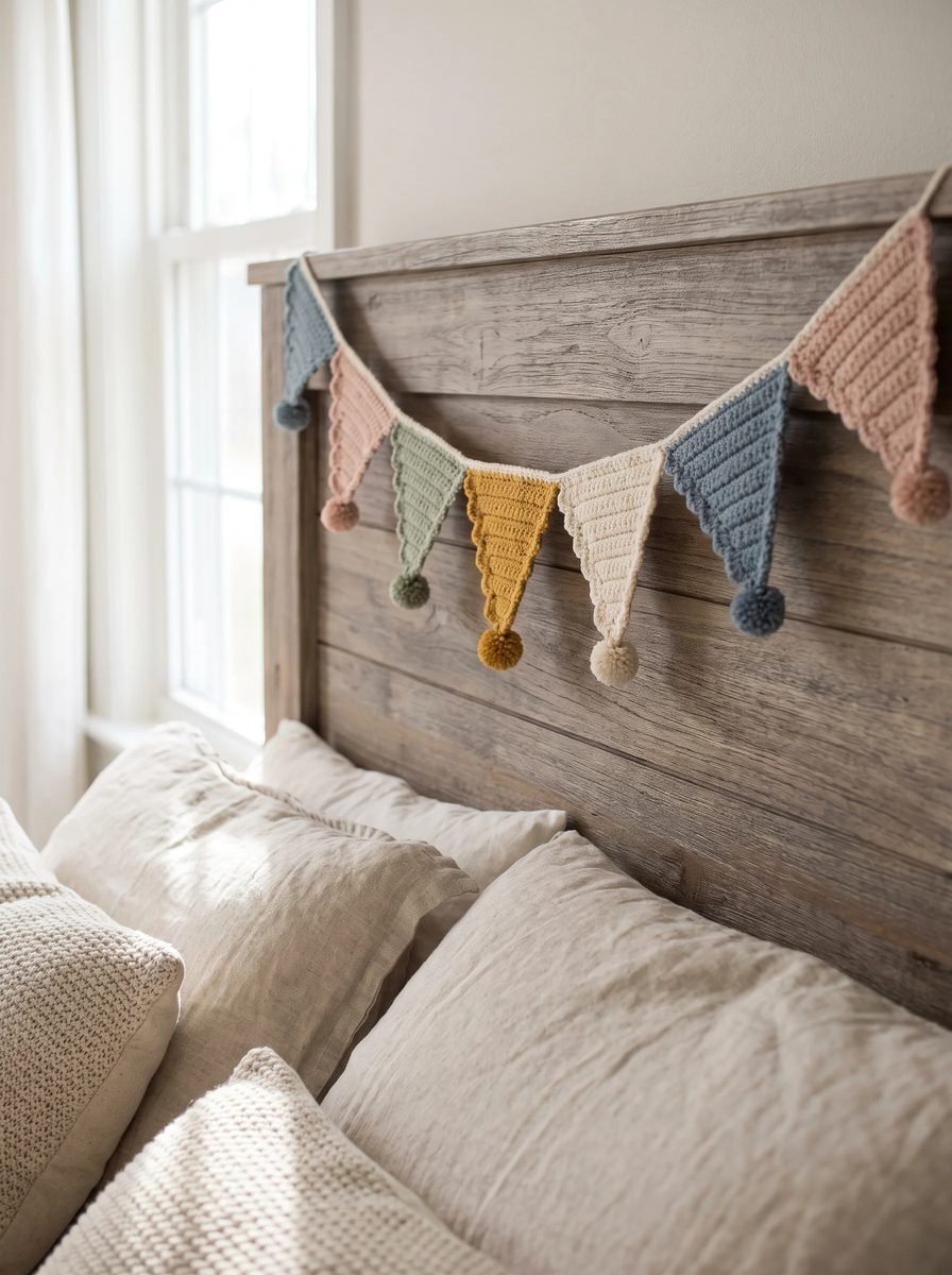 Crochet triangle bunting in blue, pink, sage, mustard and cream with small pom-poms hanging across a weathered wood headboard
