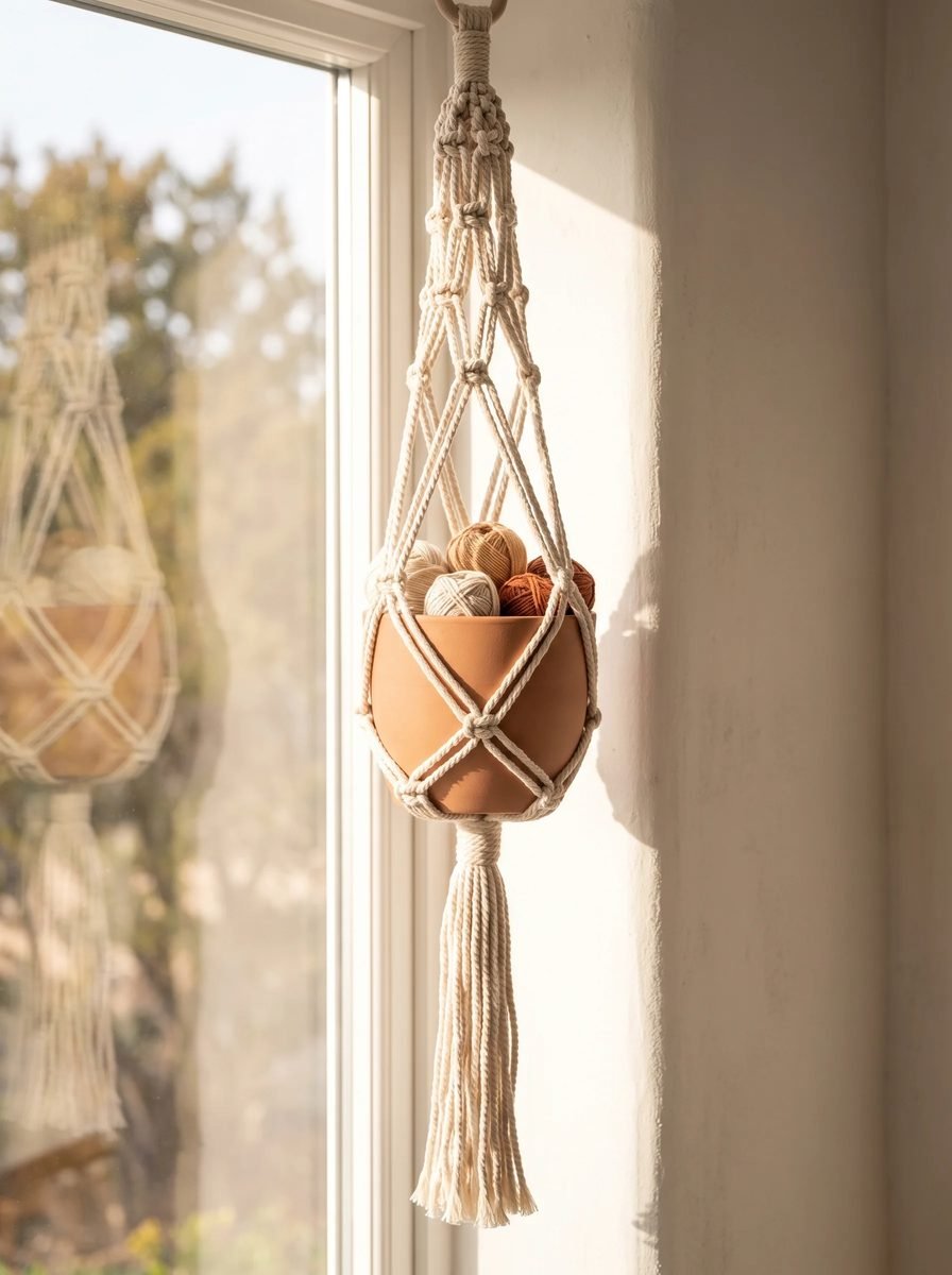 Cream knotted cord hanger holding a terracotta pot filled with yarn balls by a sunny window, with a long tassel underneath