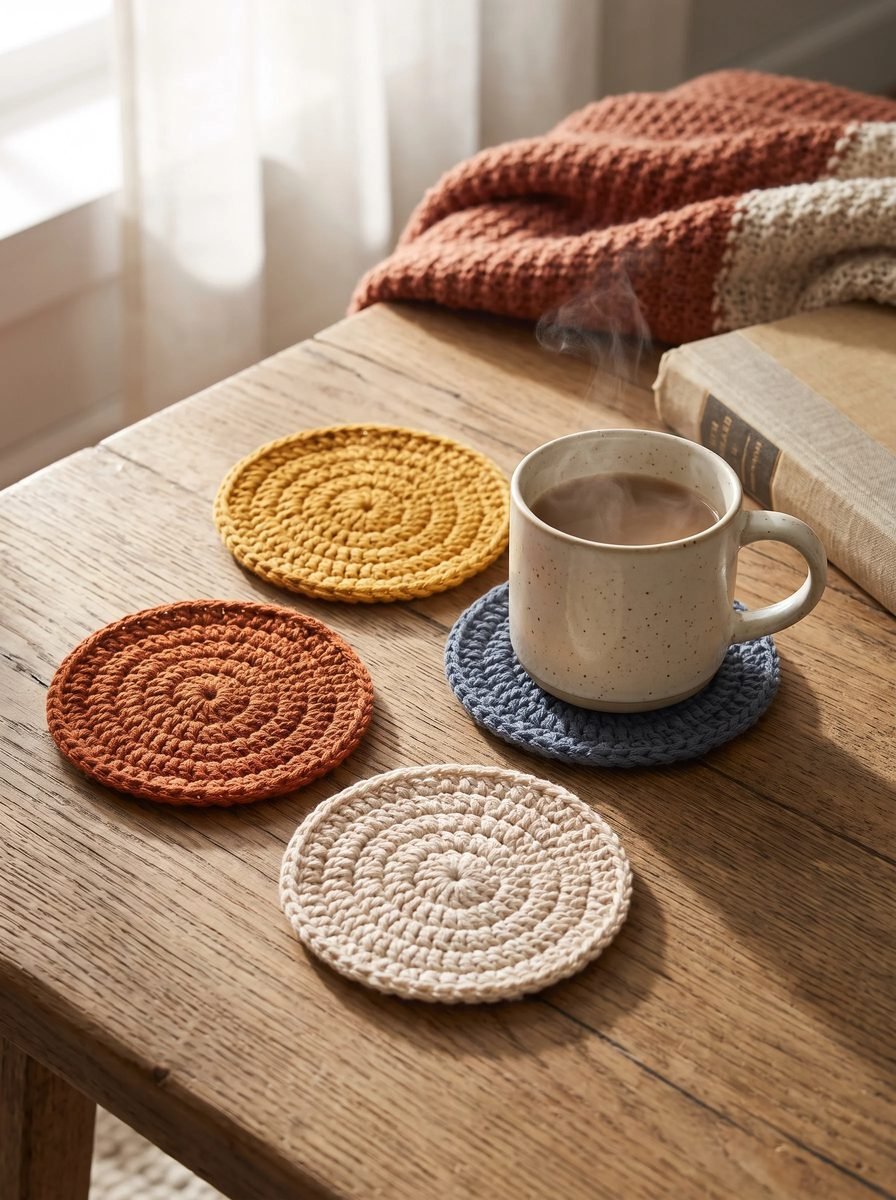 Four round crochet coasters in mustard, rust, cream and slate blue on a wooden table, one under a speckled mug of hot cocoa