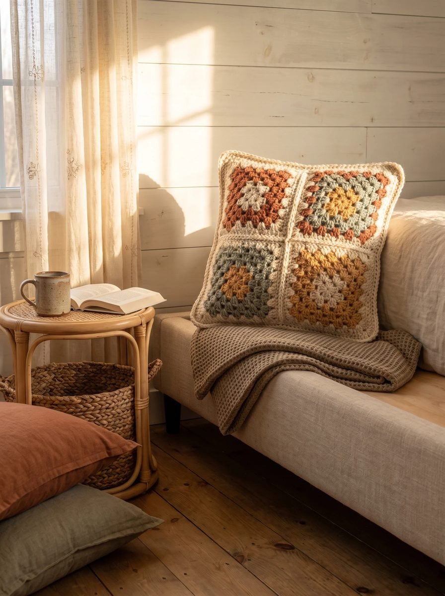 Granny square crochet cushion in rust, sage, mustard and cream with an ivory border on a linen sofa in a sunlit reading corner