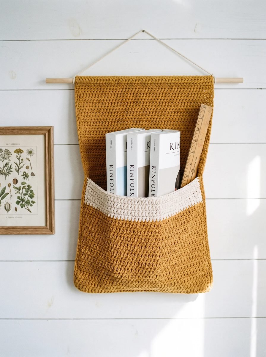 Mustard crochet wall pocket with a cream stripe hanging from a wooden dowel on a white shiplap wall, holding magazines and a wooden ruler