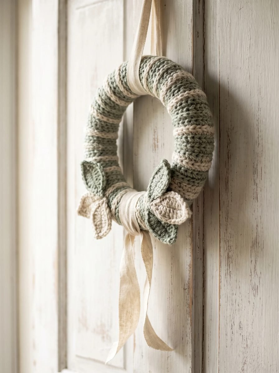 Sage green and cream striped crochet wreath with crochet leaves and a linen ribbon hanging on a weathered white door