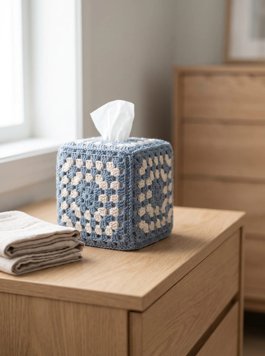 Denim blue and cream granny square crochet tissue box cover on a light oak dresser beside folded linen towels