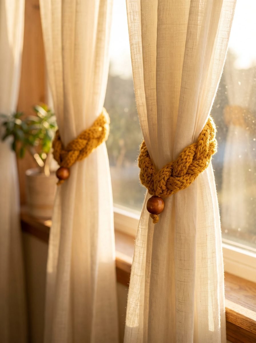 Sheer cream curtains held back with thick braided mustard crochet tiebacks finished with round wooden beads in sunset light