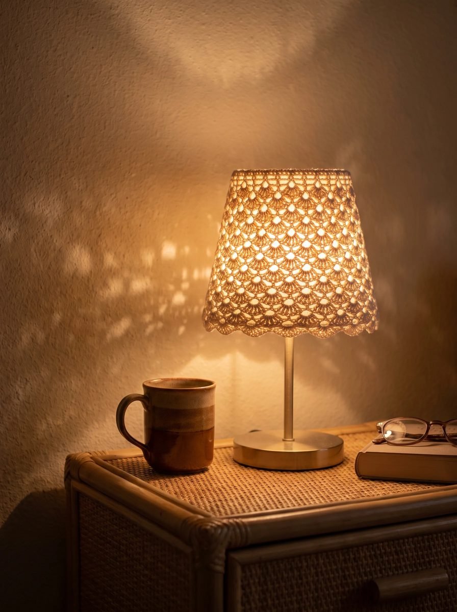 Cream crochet lace lampshade on a brass bedside lamp casting shell-shaped shadows on the wall above a rattan nightstand