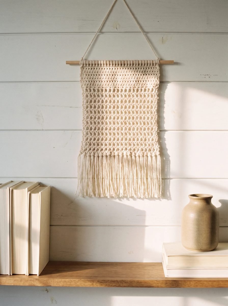 Cream crochet wall hanging with an open mesh body and a long fringe on a wooden dowel above a shelf with books and a stoneware vase