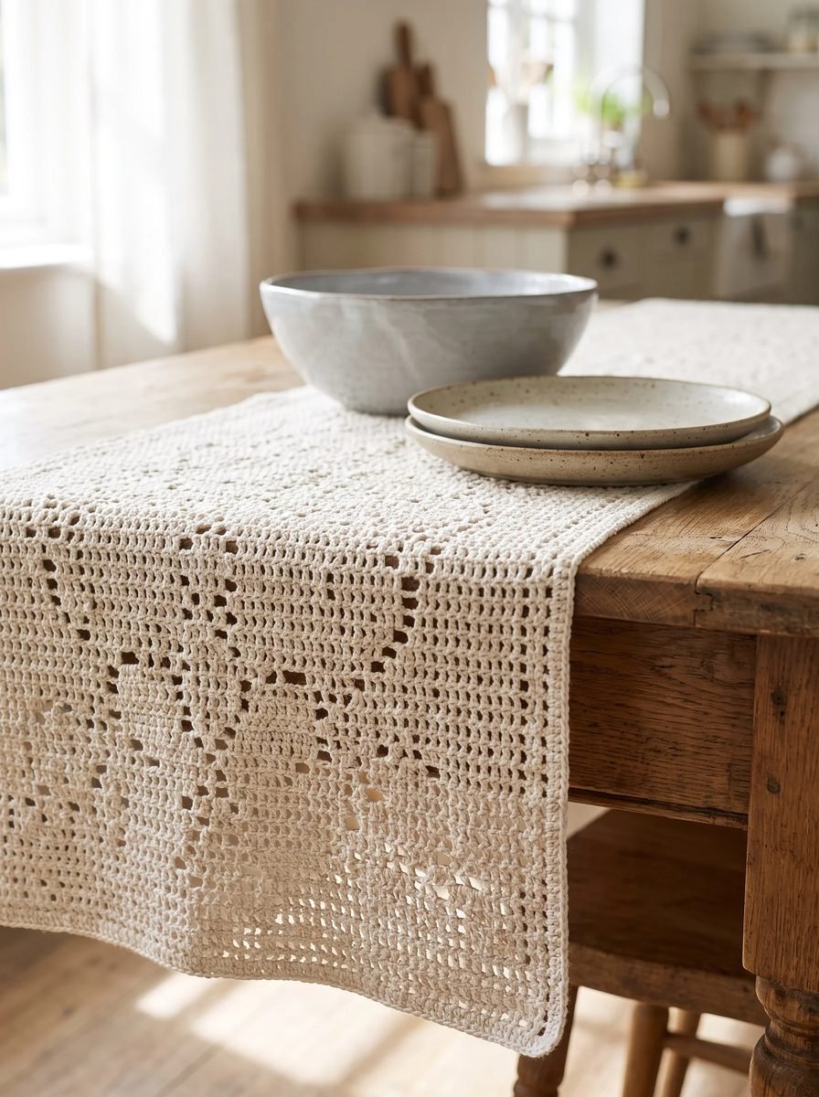 Cream filet crochet table runner with a geometric floral motif across a rustic wooden dining table set with stoneware plates and a bowl