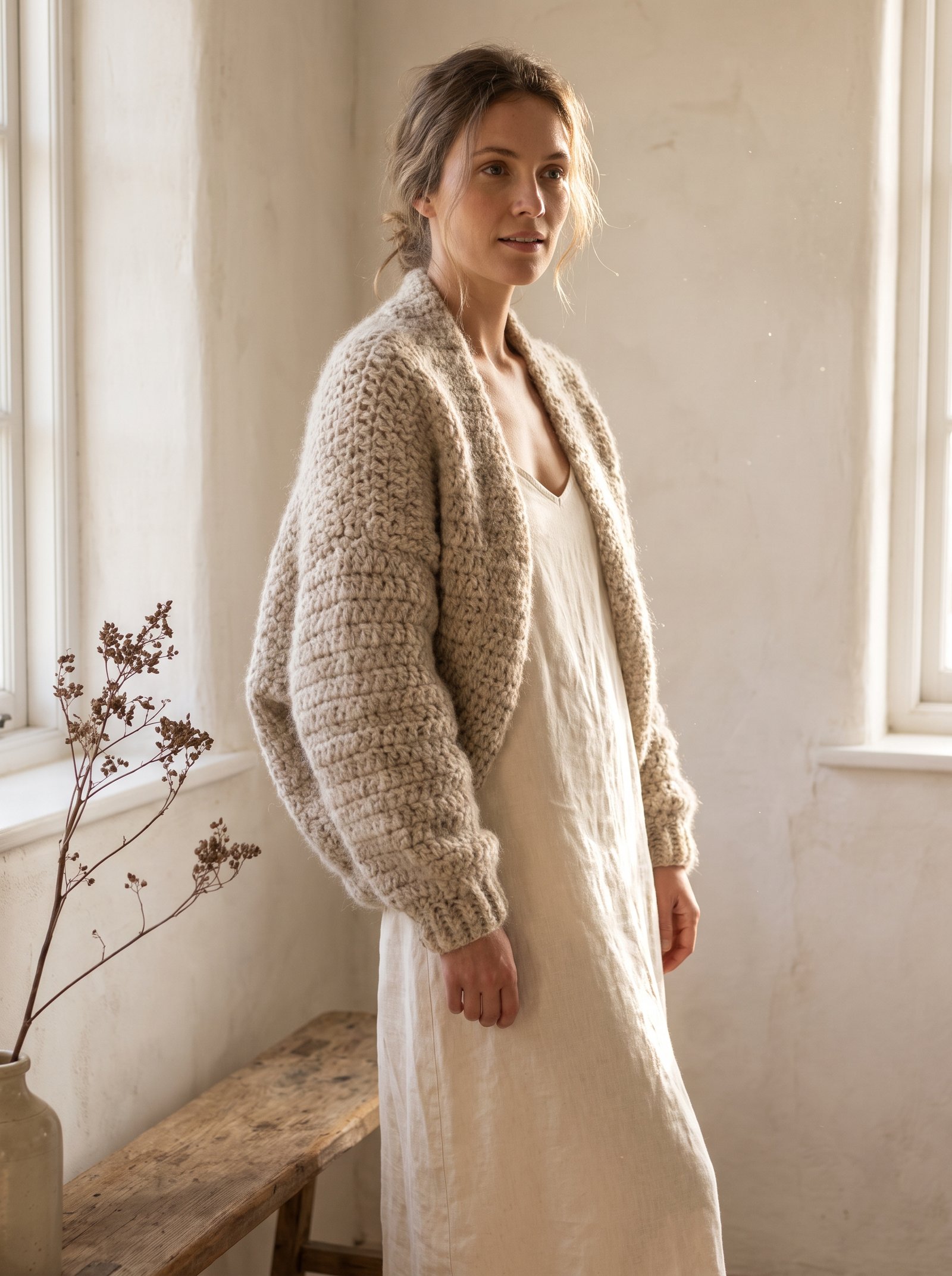 An elegant oversized cocoon shrug crocheted in oatmeal alpaca wool, worn over a simple cream linen dress against a lime-washed wall