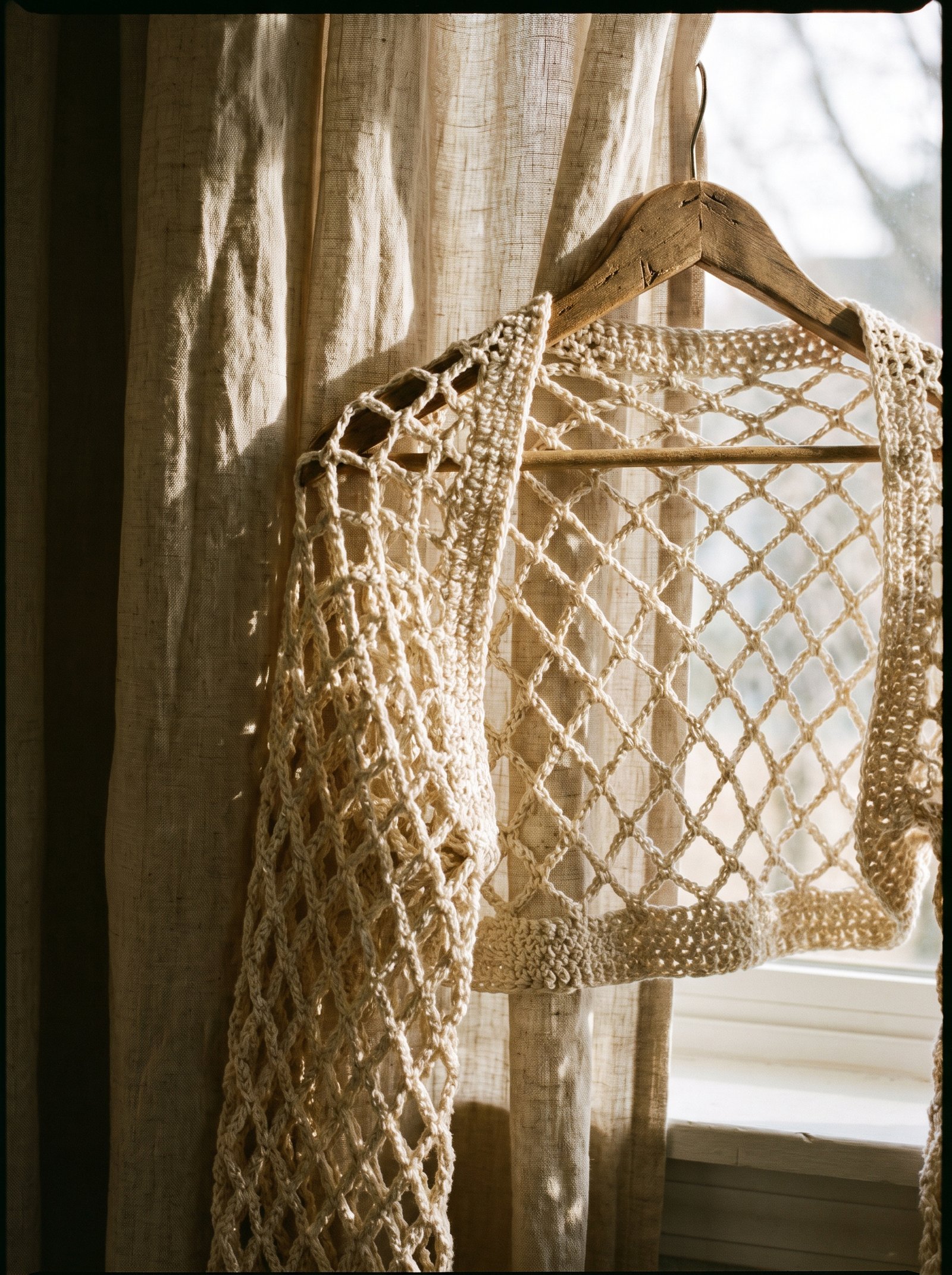 A delicate ivory crochet shrug with a geometric diamond mesh lace pattern draped on a linen hanger