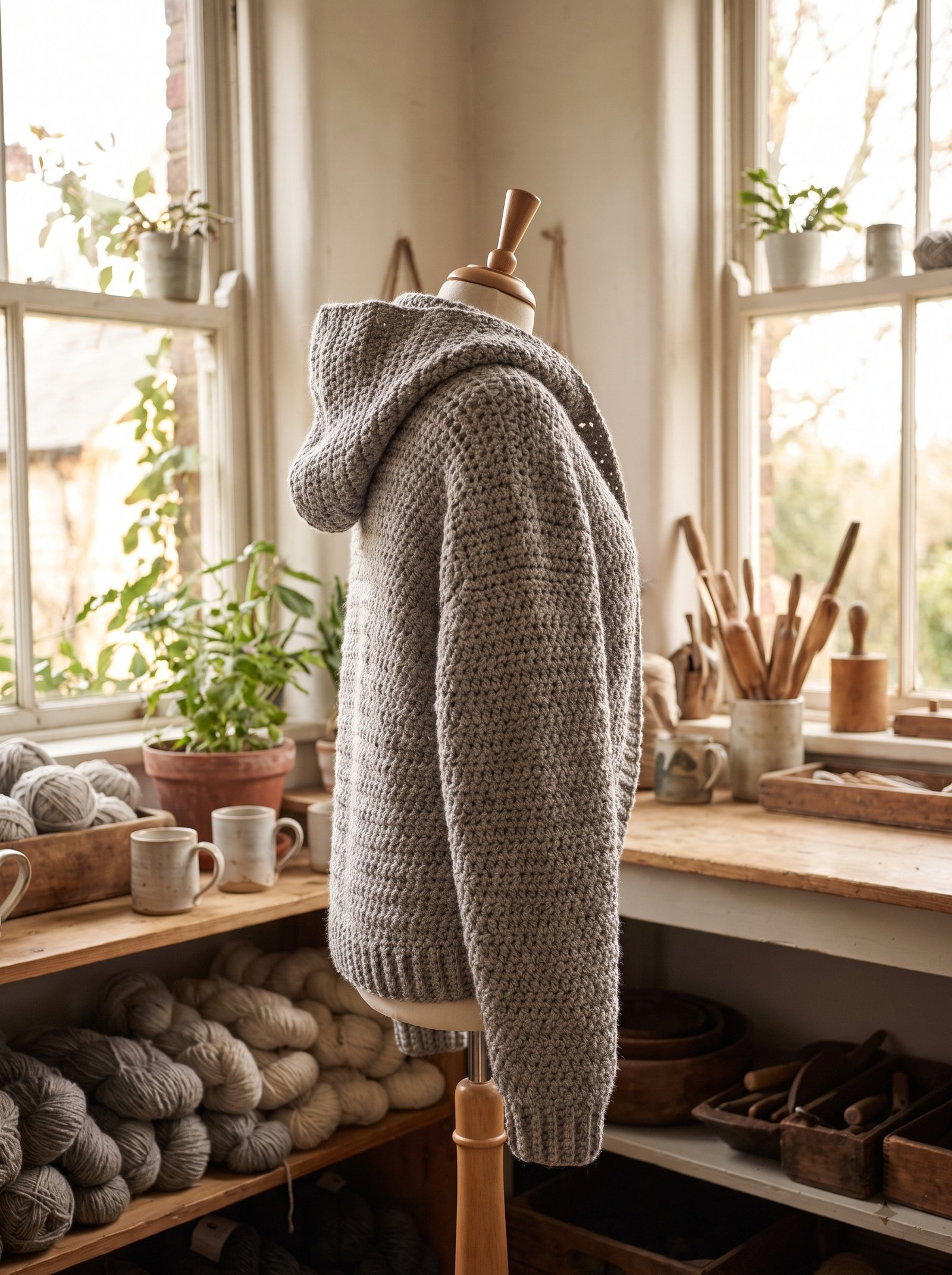 An oversized cozy shrug with an integrated draped crochet hood in dusty stone wool on a studio mannequin