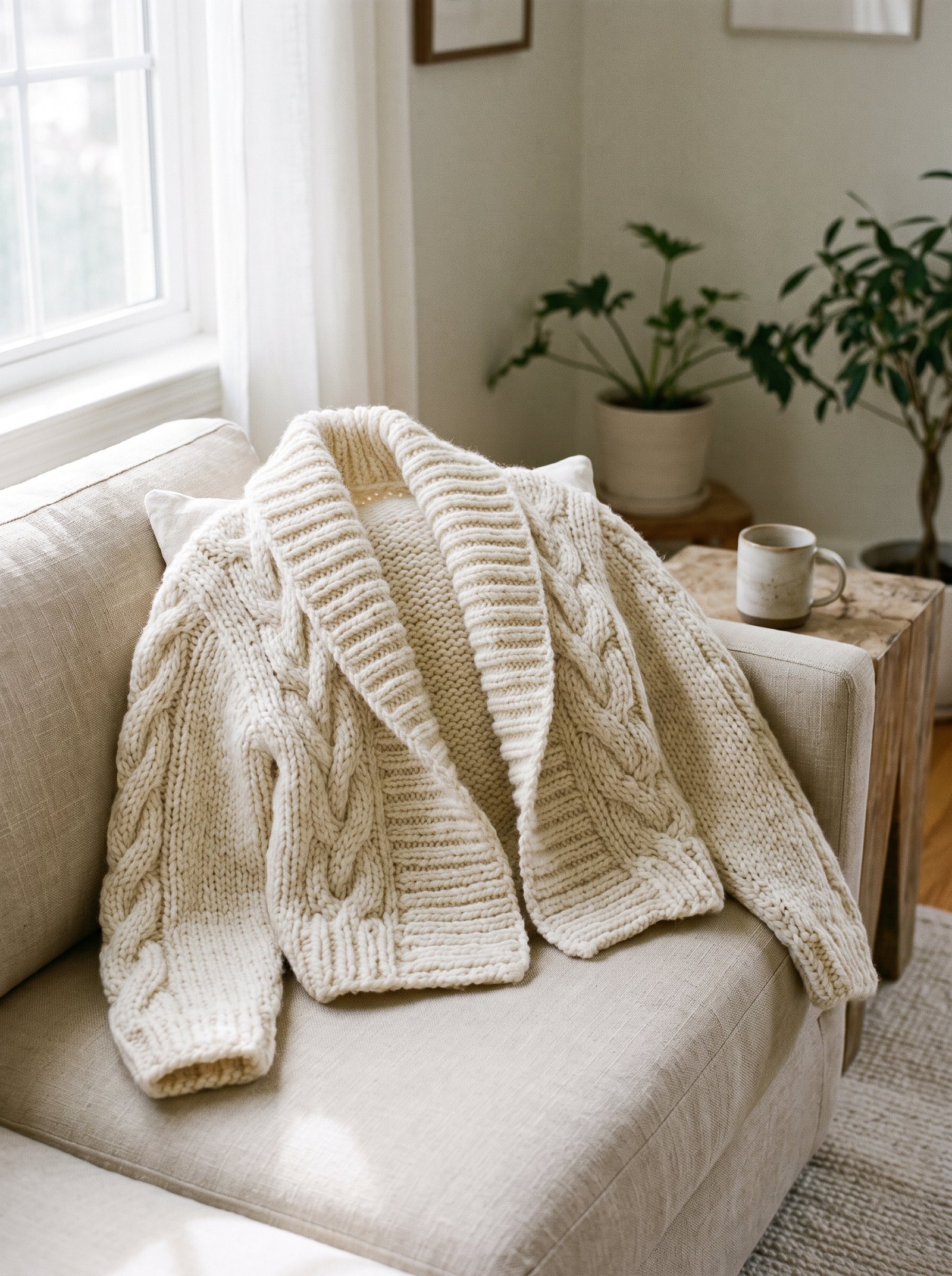 An off-white chunky yarn shrug with a dramatic wide turn-back ribbed shawl collar draped on a linen sofa
