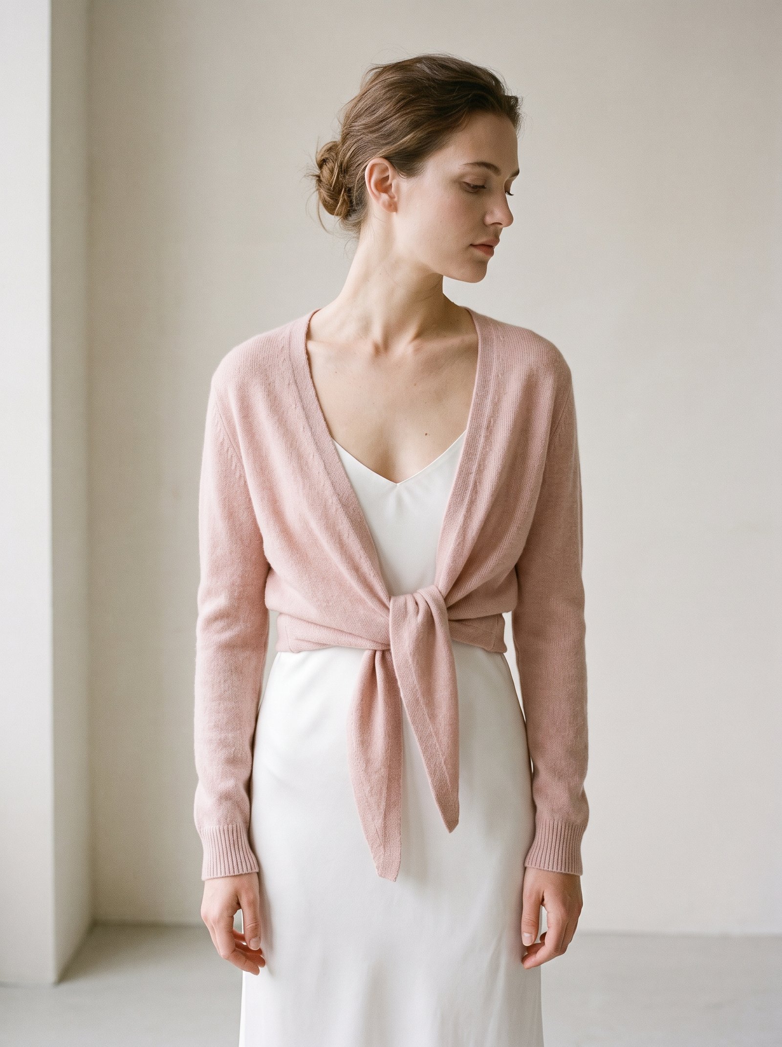 A ballerina-style blush pink wrap shrug with fitted long sleeves styled over a silk slip dress