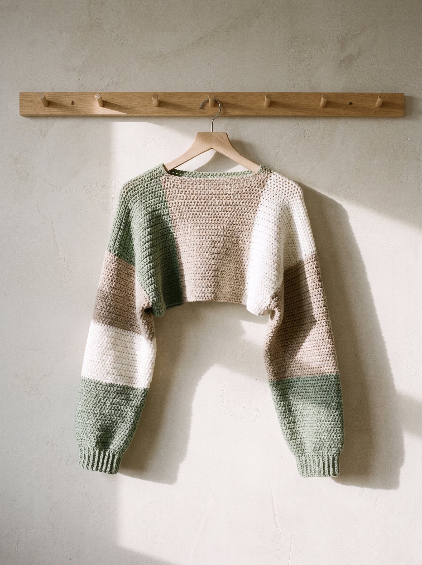 A graphic minimalist shrug divided into sage green, taupe, and cream textured blocks hanging on a wooden peg rail