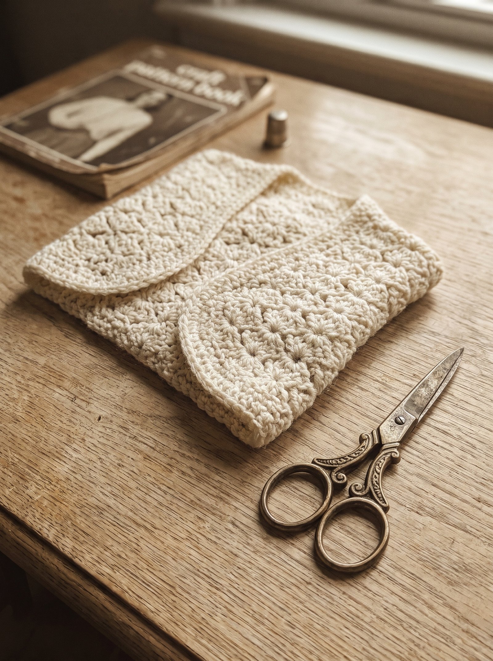 An intricate cream shell-stitch bolero shrug resting on a light timber table beside antique brass scissors