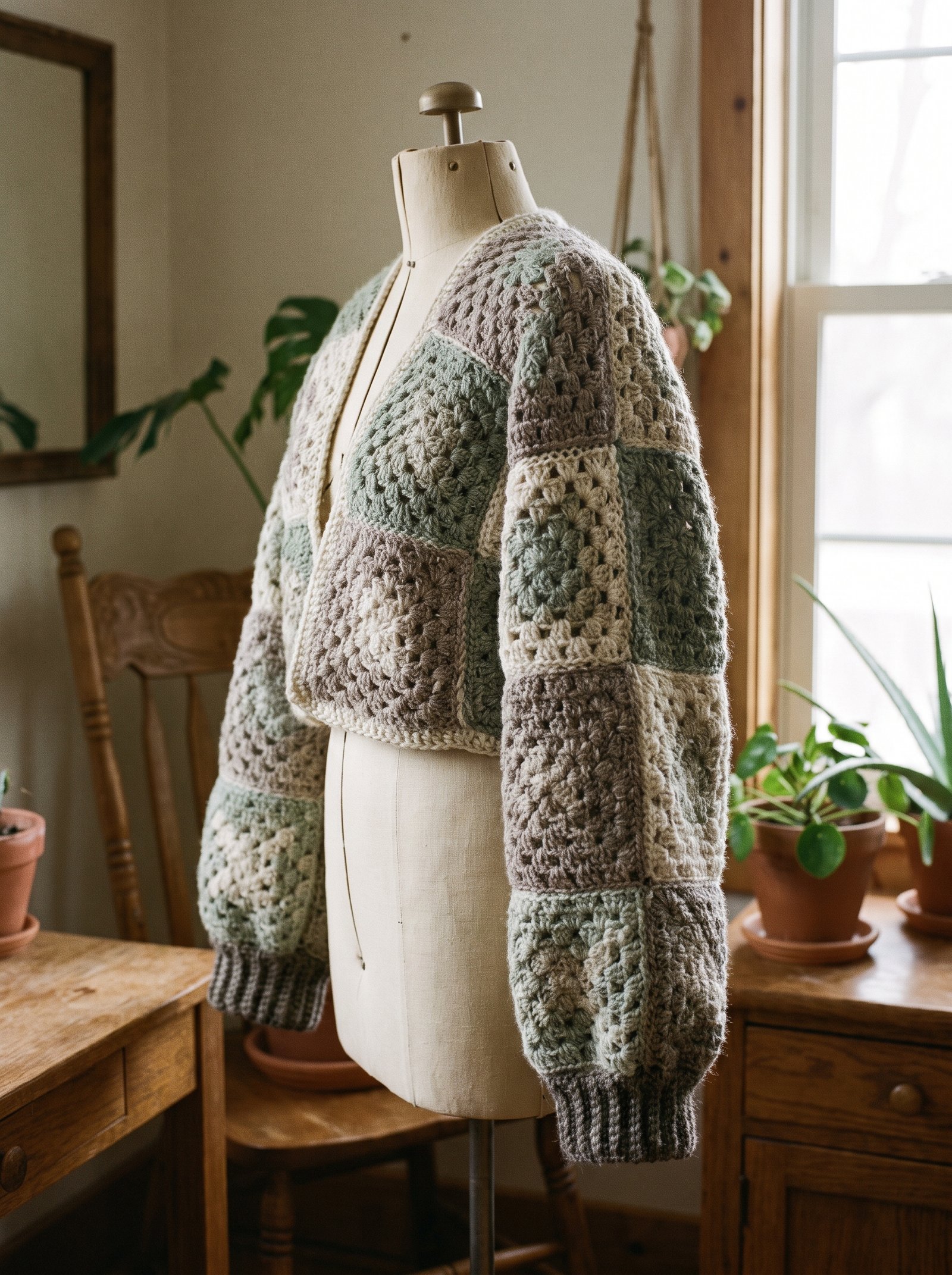 A relaxed bohemian shrug crafted from oversized neutral granny squares with fitted ribbed cuffs on a dress form