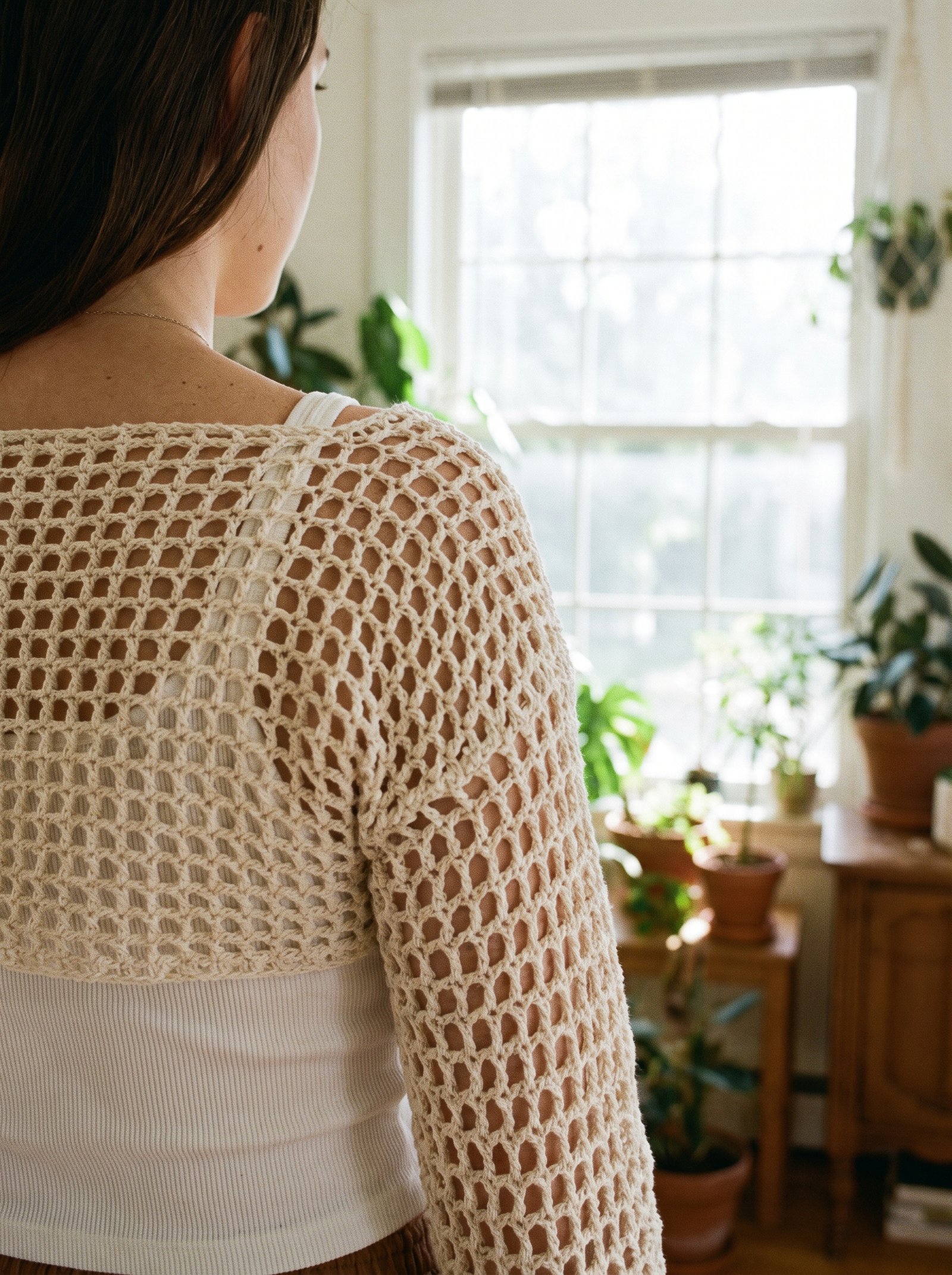 An openwork airy mesh crochet shrug in unbleached ecru cotton, draped softly over a model's shoulders