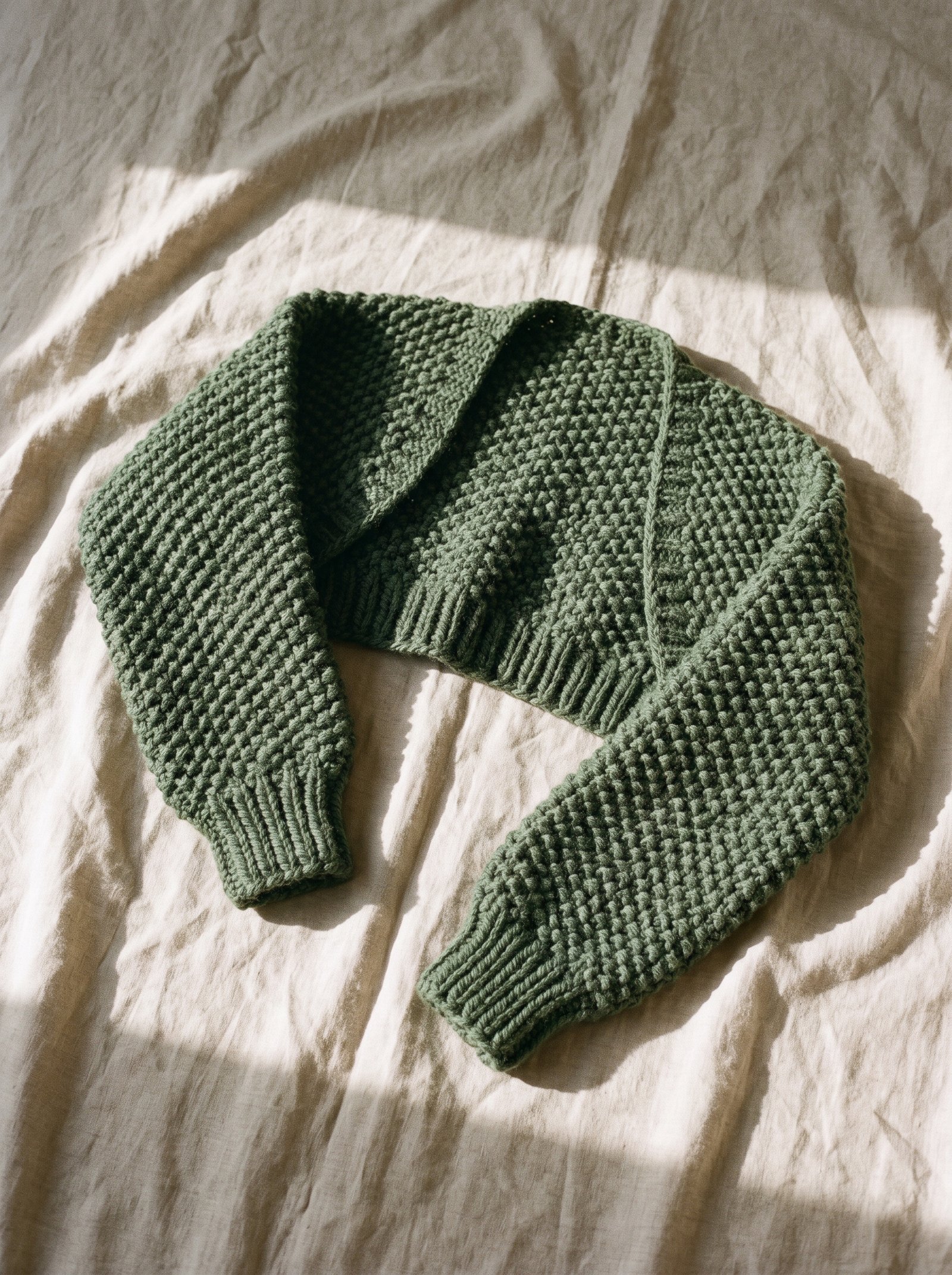 A cropped moss-stitch crochet shrug in muted forest green, featuring deep ribbed sleeve cuffs on beige linen