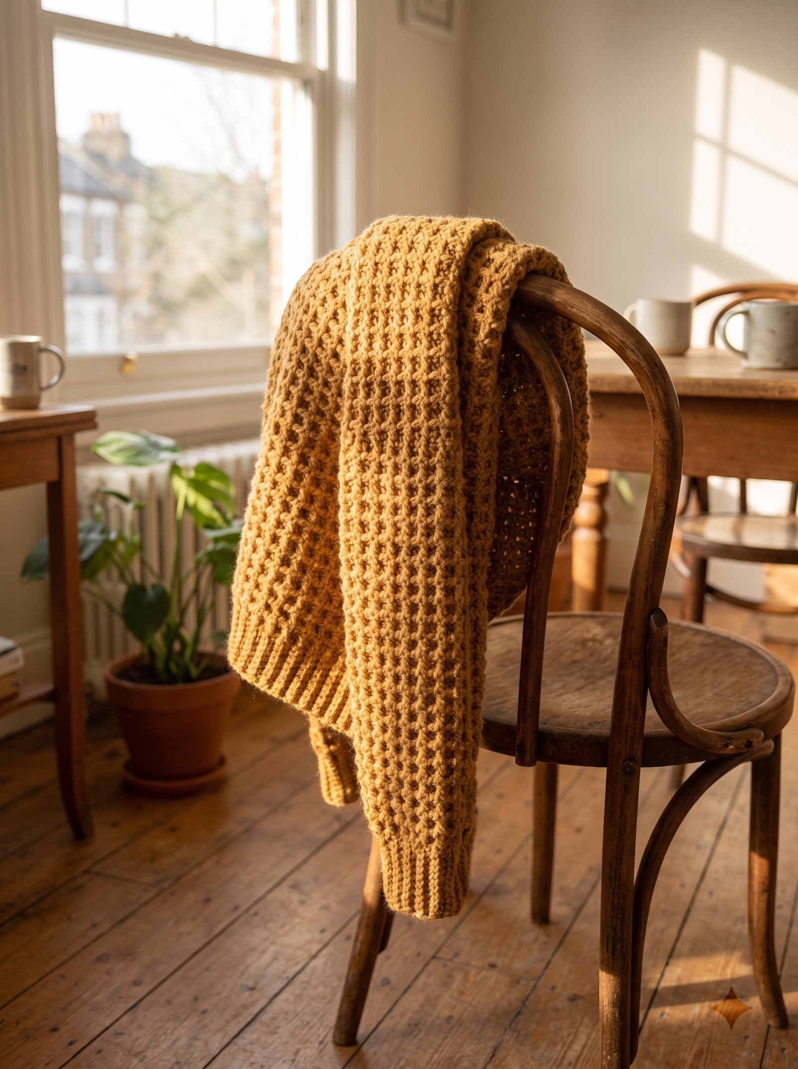 A warm honey-gold waffle-stitch crochet shrug styled loosely on a vintage bentwood chair