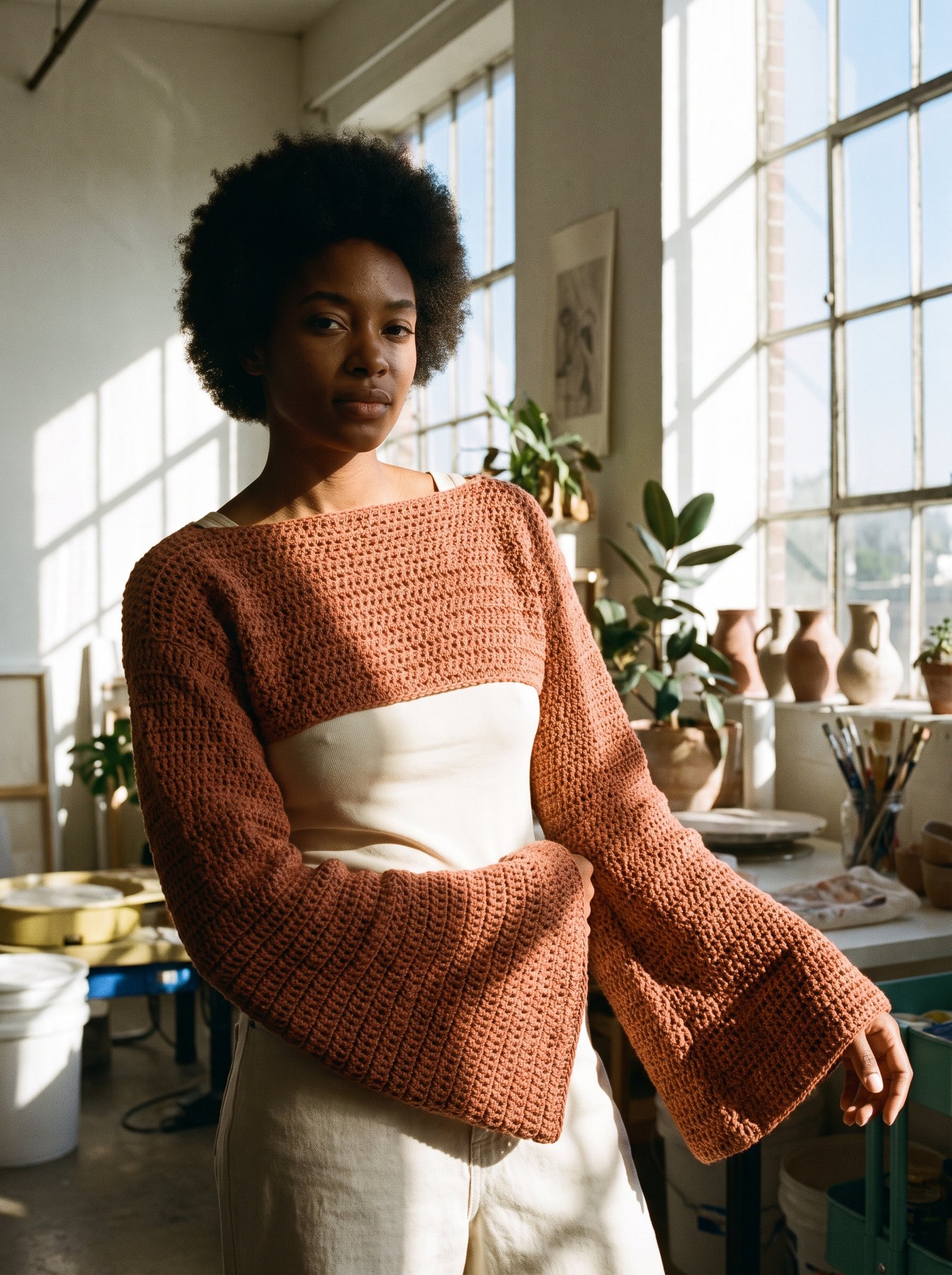 A 70s-inspired cropped crochet shrug with wide flared bell sleeves in muted terracotta cotton on a mannequin
