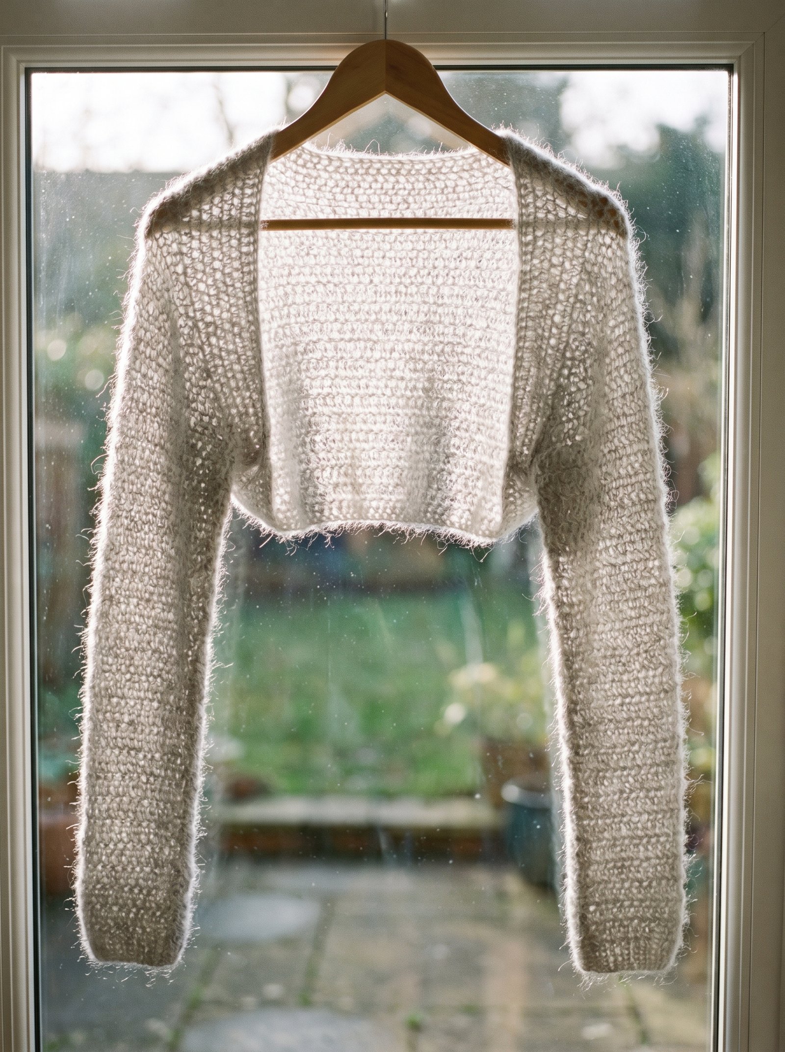 An ethereal whisper-light brushed mohair crochet shrug in pale heather grey backlit by morning window light
